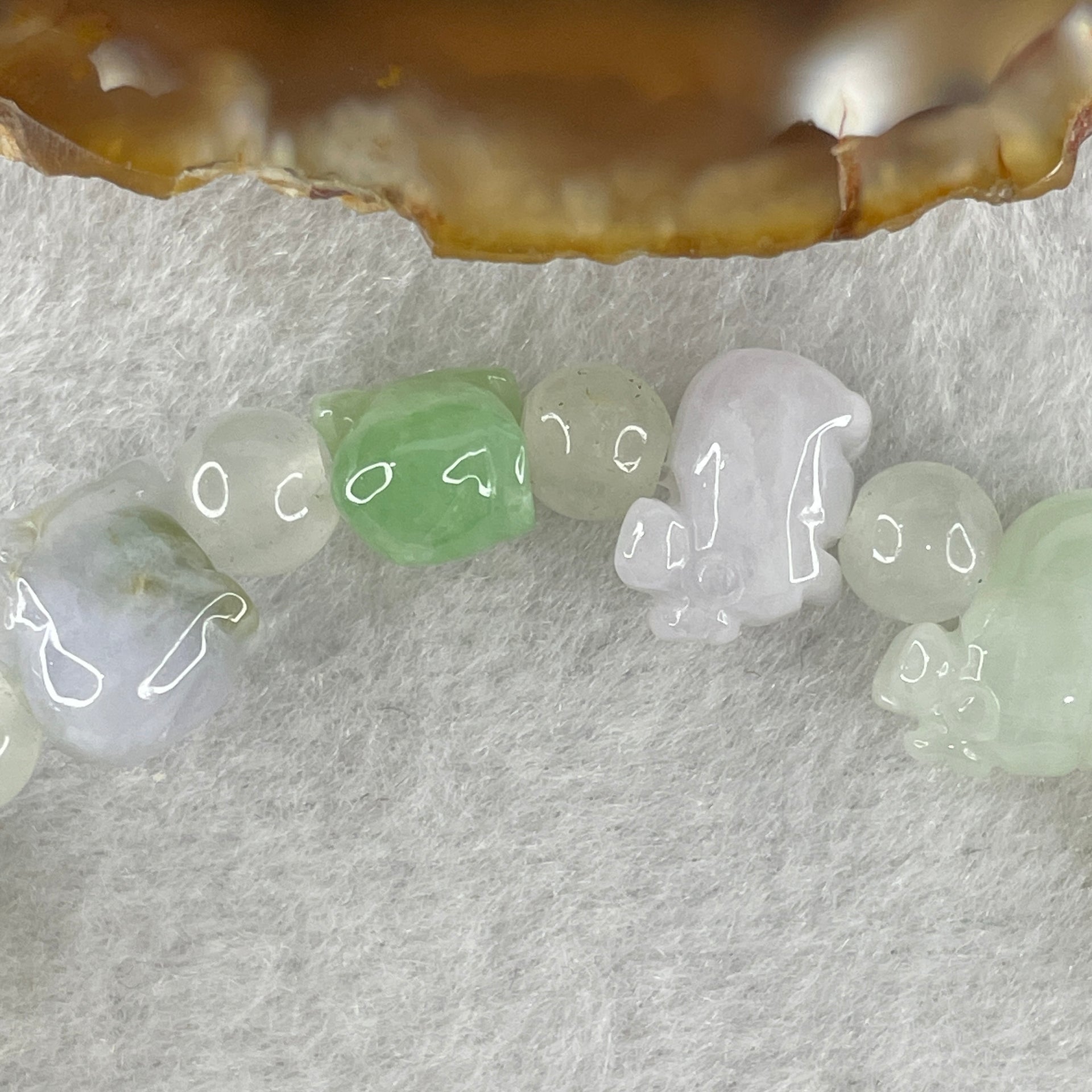 Natural Type A Multi Tone Green with Lavender and Yellow Jadeite Pig Shape Charms with Crystal Beads Bracelet 21.84g 15cm 12.1mm 11 Piglets - Huangs Jadeite and Jewelry Pte Ltd