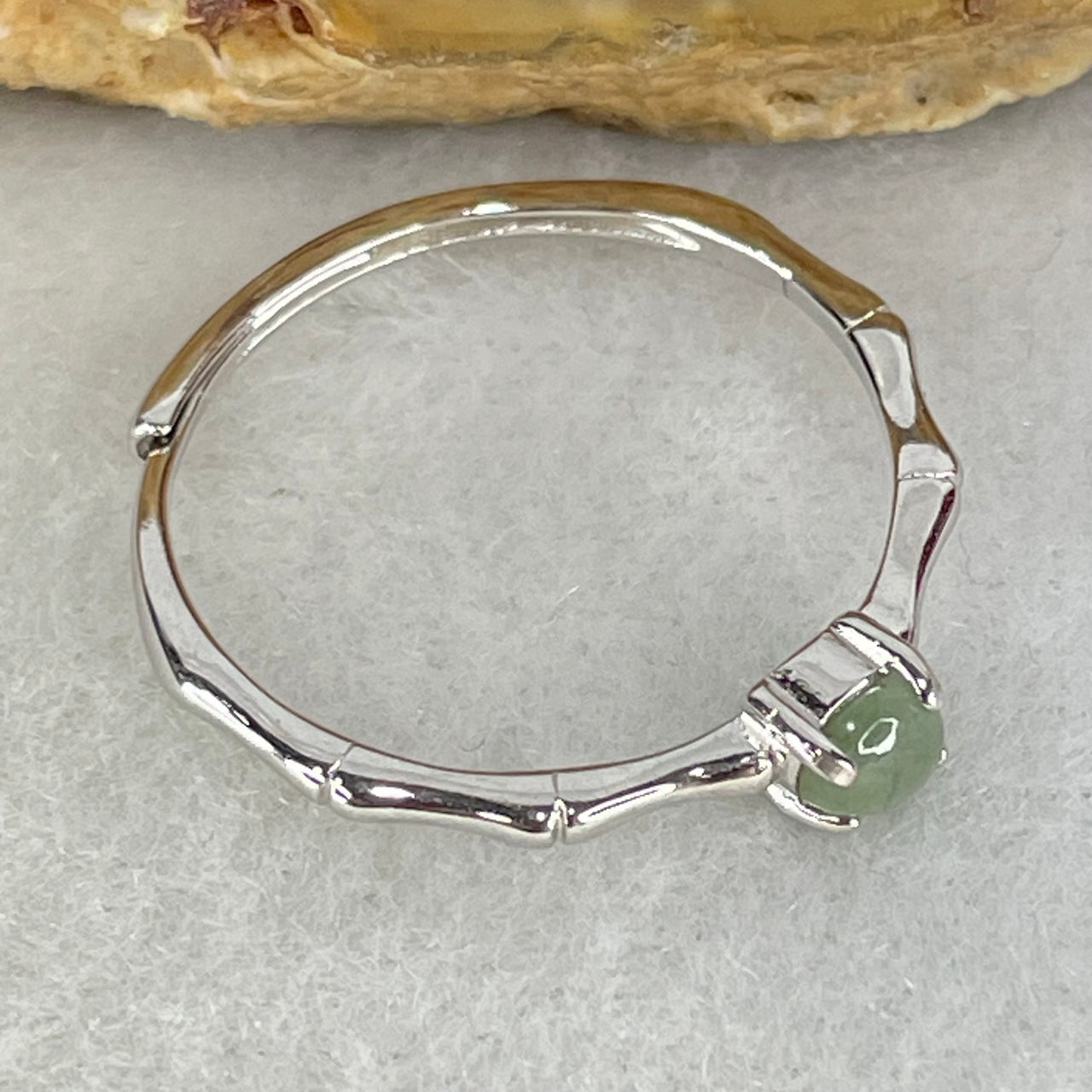 Type A Semi Icy Green Cabochon Jadeite in S925 Sliver Bamboo Ring (Adjustable Size) 0.96g 4.0 by 2.0mm - Huangs Jadeite and Jewelry Pte Ltd