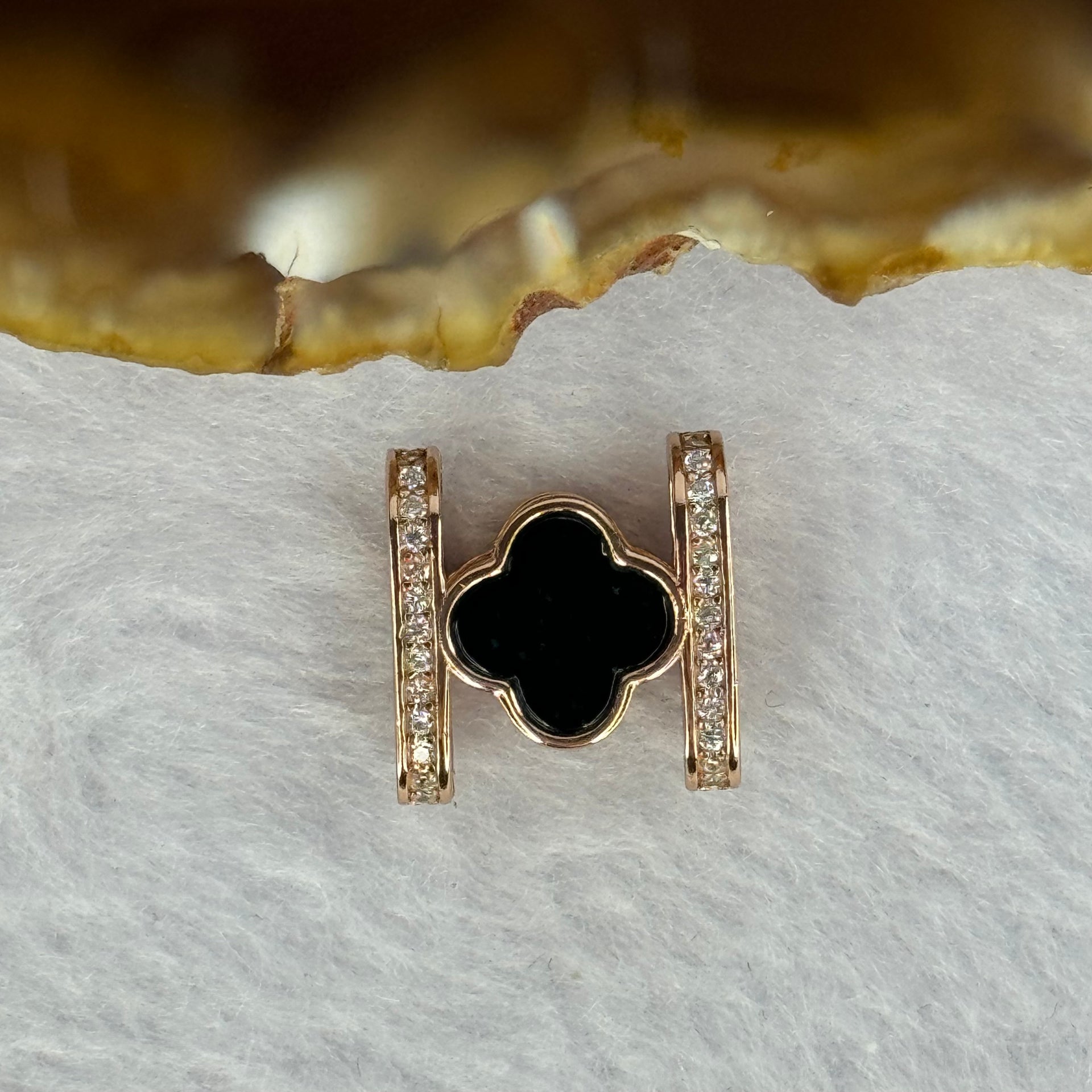 Type A Translucent Black Omphasite Jadeite Double Sided Clover with Crystals in S925 Sliver Rose Gold Color Charm 2.05g 7.7 by 7.7 by 1.5mm - Huangs Jadeite and Jewelry Pte Ltd