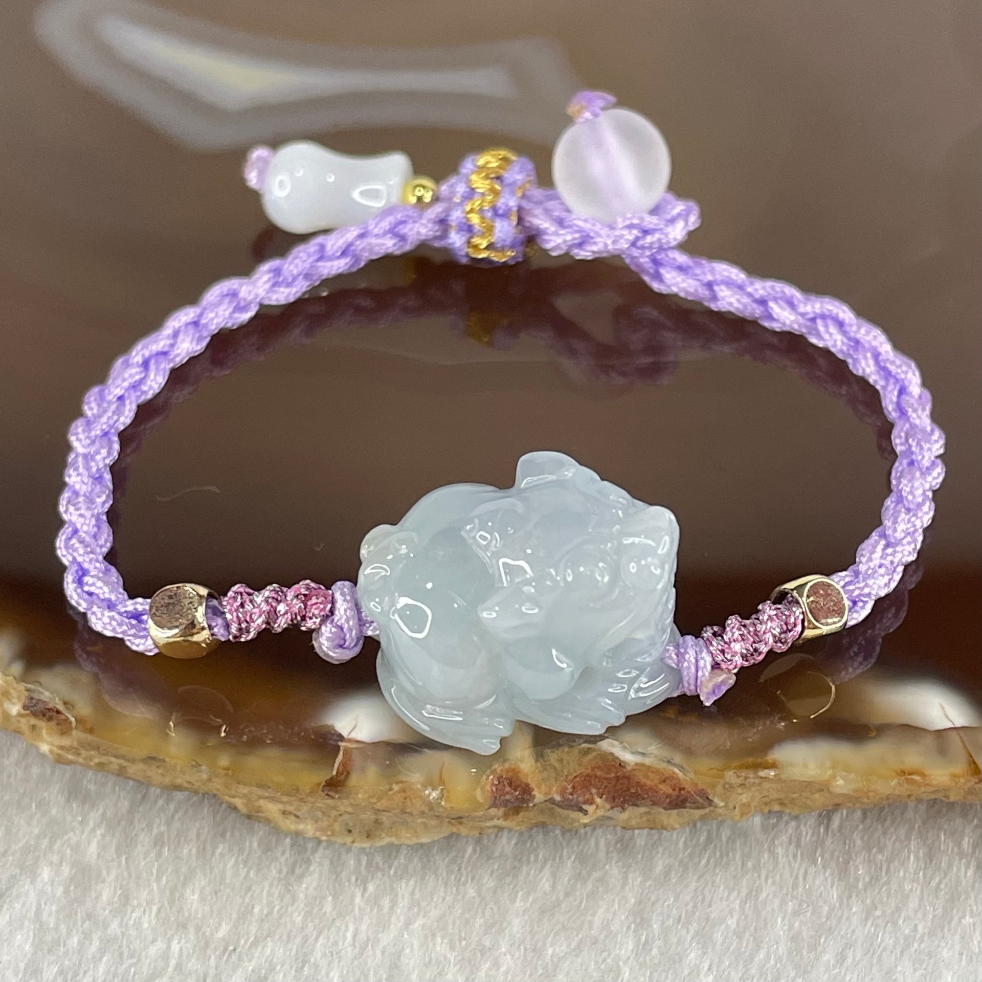 Type A Lavender with Yellow Patch Jadeite Male Pixiu String Bracelet 5.96g 13cm 18.0 by 14.2 by 12.6mm - Huangs Jadeite and Jewelry Pte Ltd