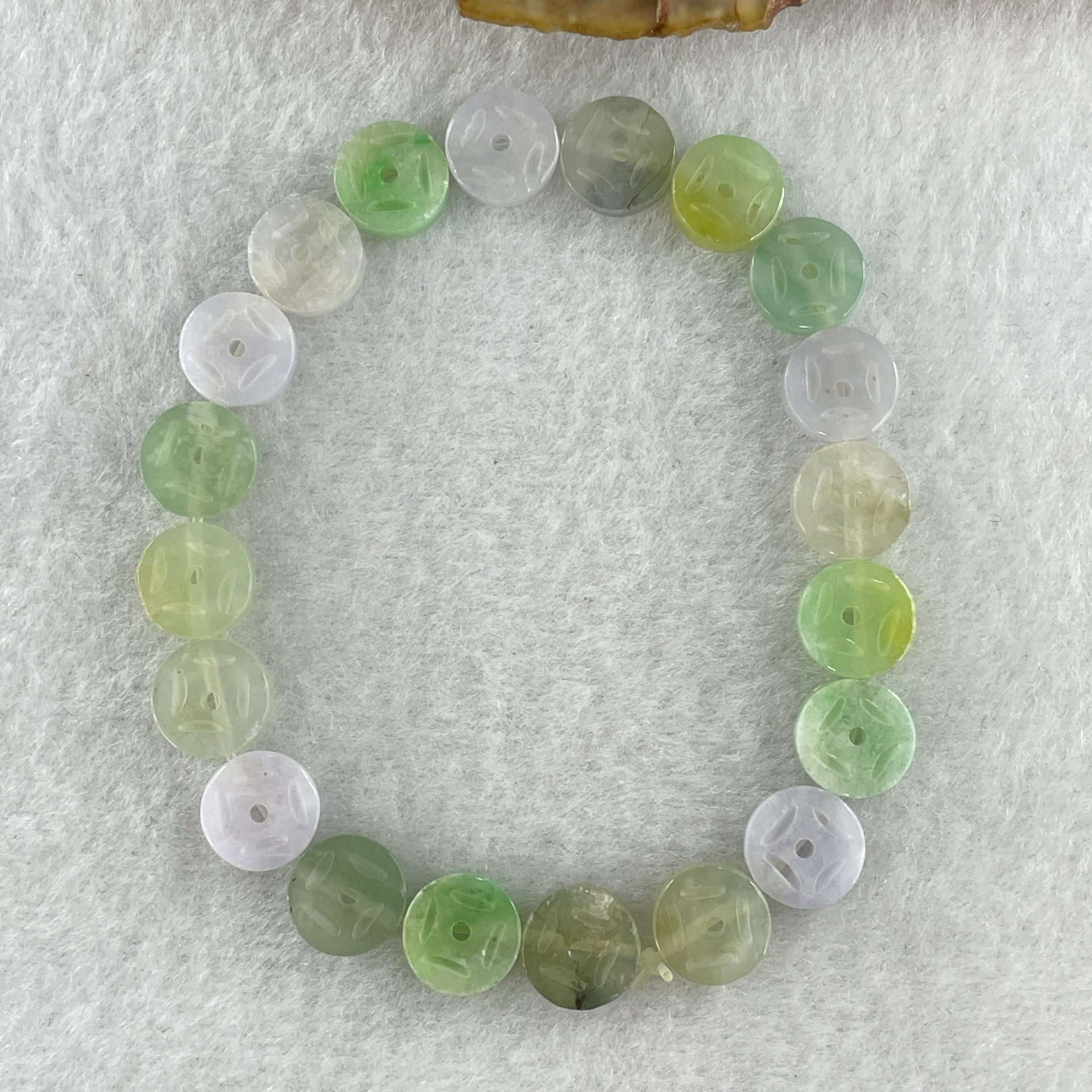 Natural Type A Light Green Light Lavender with Yellow Jadeite Ancient Coin Shape Beads Bracelet 11.58g 16cm 9.1mm 20 Beads - Huangs Jadeite and Jewelry Pte Ltd