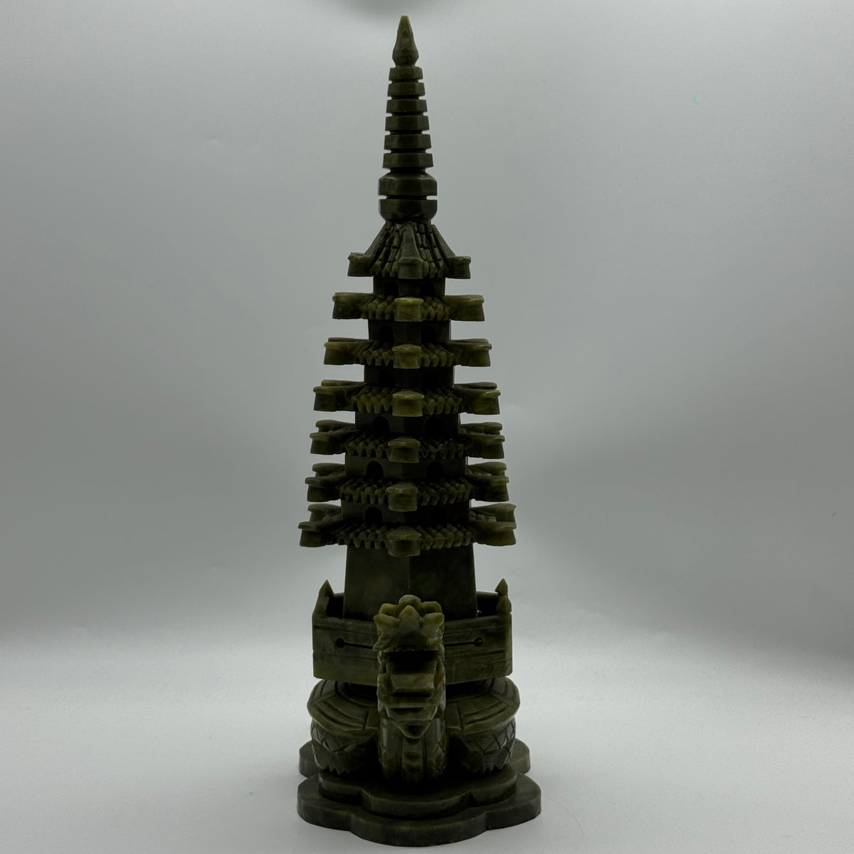 Natural Green Serpentine Pagoda on Dragon Turtle Carving Display | Certified Untreated Gemstone Sculpture (3,104.3g | 240.0 x 115.0 x 365.0mm)