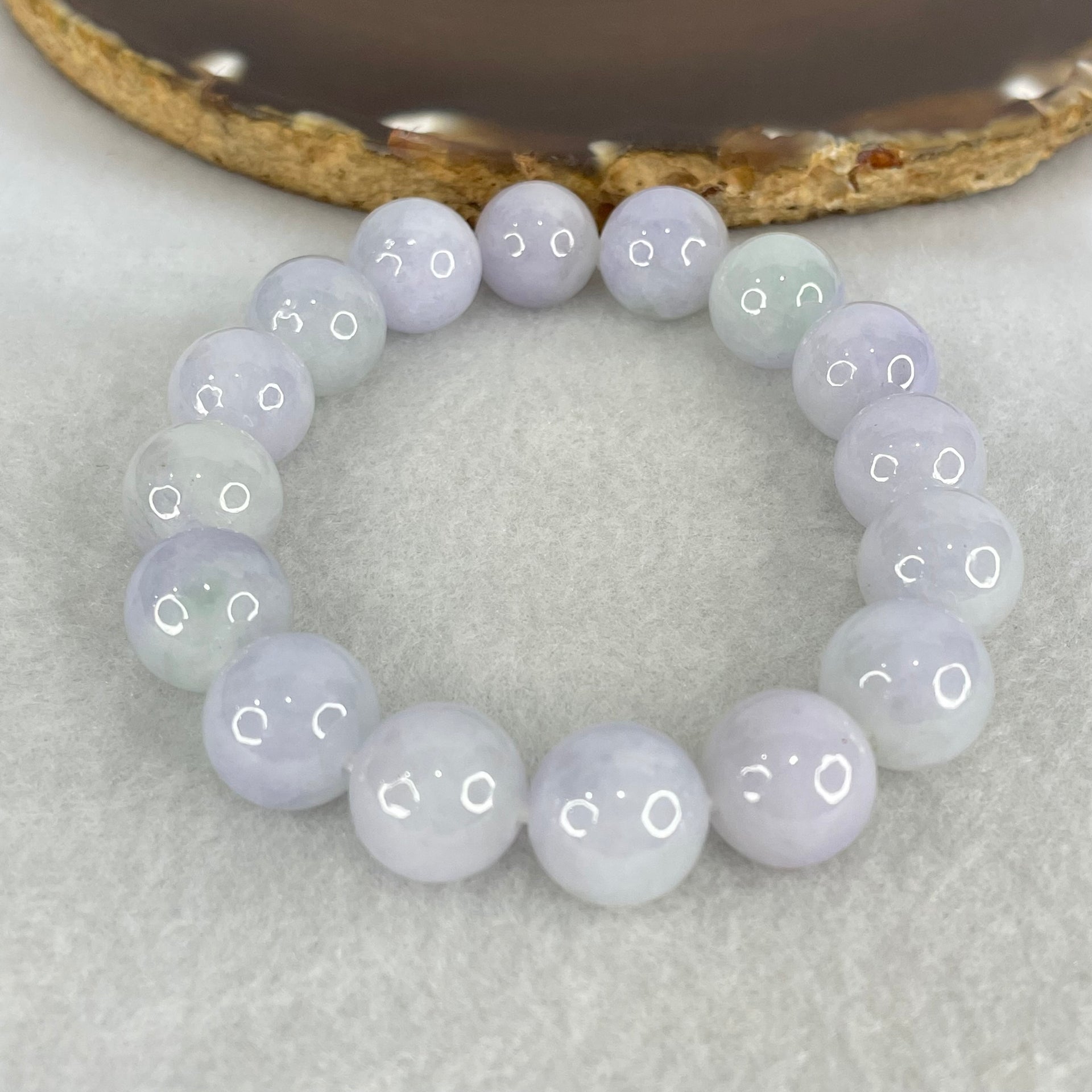 Good Grade Type A Lavender with Green Piao Hua  Jadeite Beads Bracelet 45.92g 16cm by 12.1mm by 16 Beads - Huangs Jadeite and Jewelry Pte Ltd