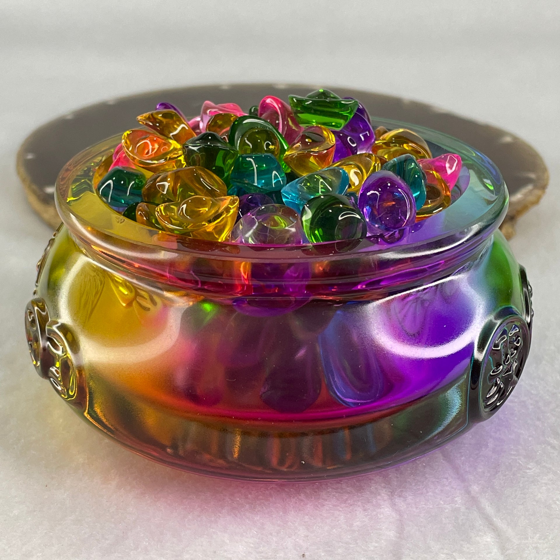 Muti Color Liuli Wealth Pot with Ingot Yuan Bao Display Total Weight 638.93g 101.0 by 51.0mm - Huangs Jadeite and Jewelry Pte Ltd