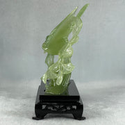 Natural Green Serpentine Double Magpies Birds on Tree with Wooden Stand Display 500.5g 195.0 by 80.0 by 170.0mm - Huangs Jadeite and Jewelry Pte Ltd