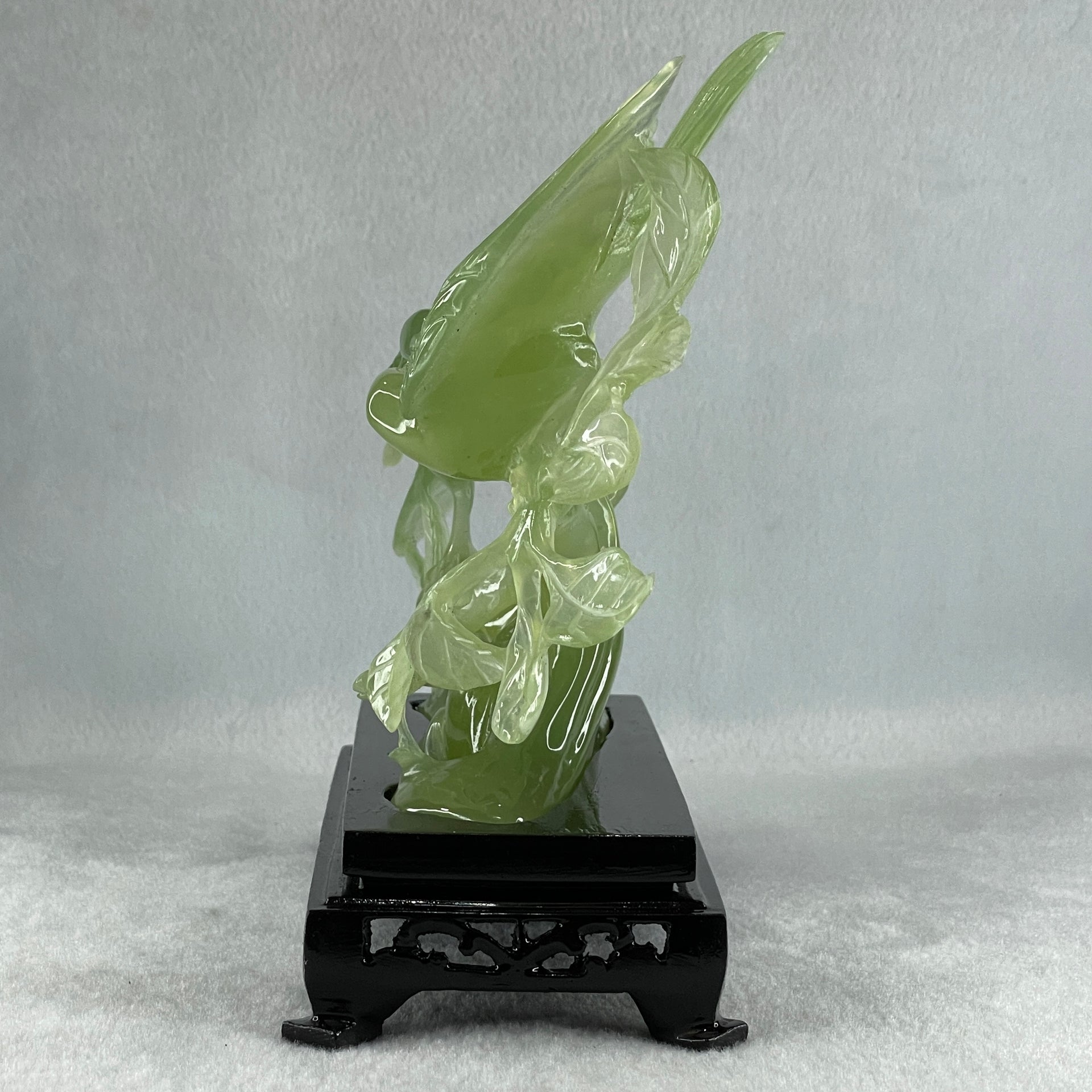 Natural Green Serpentine Double Magpies Birds on Tree with Wooden Stand Display 500.5g 195.0 by 80.0 by 170.0mm - Huangs Jadeite and Jewelry Pte Ltd
