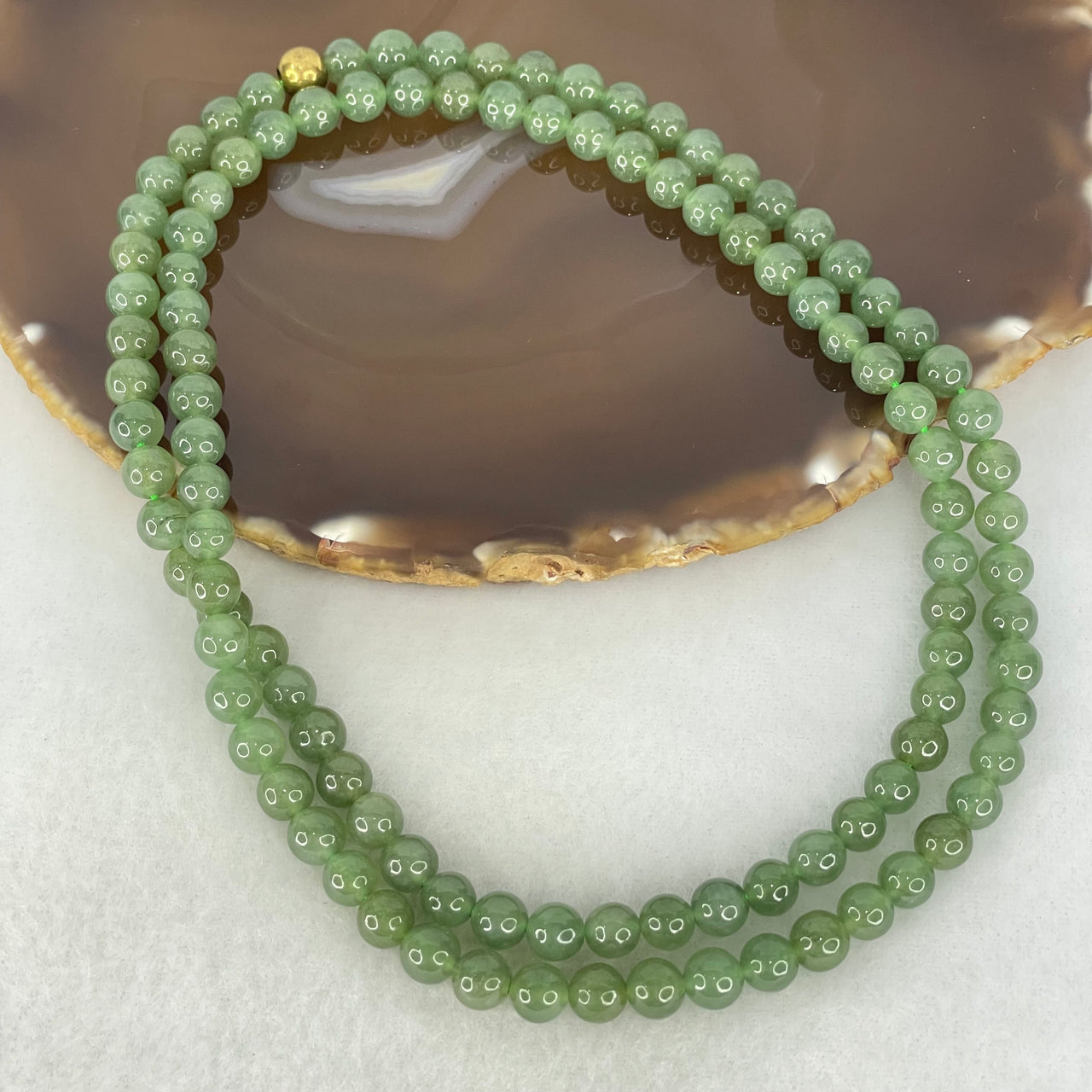 Type A Full Green Jadeite Beads Necklace 52.96g 68cm 6.7mm 108 Beads - Huangs Jadeite and Jewelry Pte Ltd
