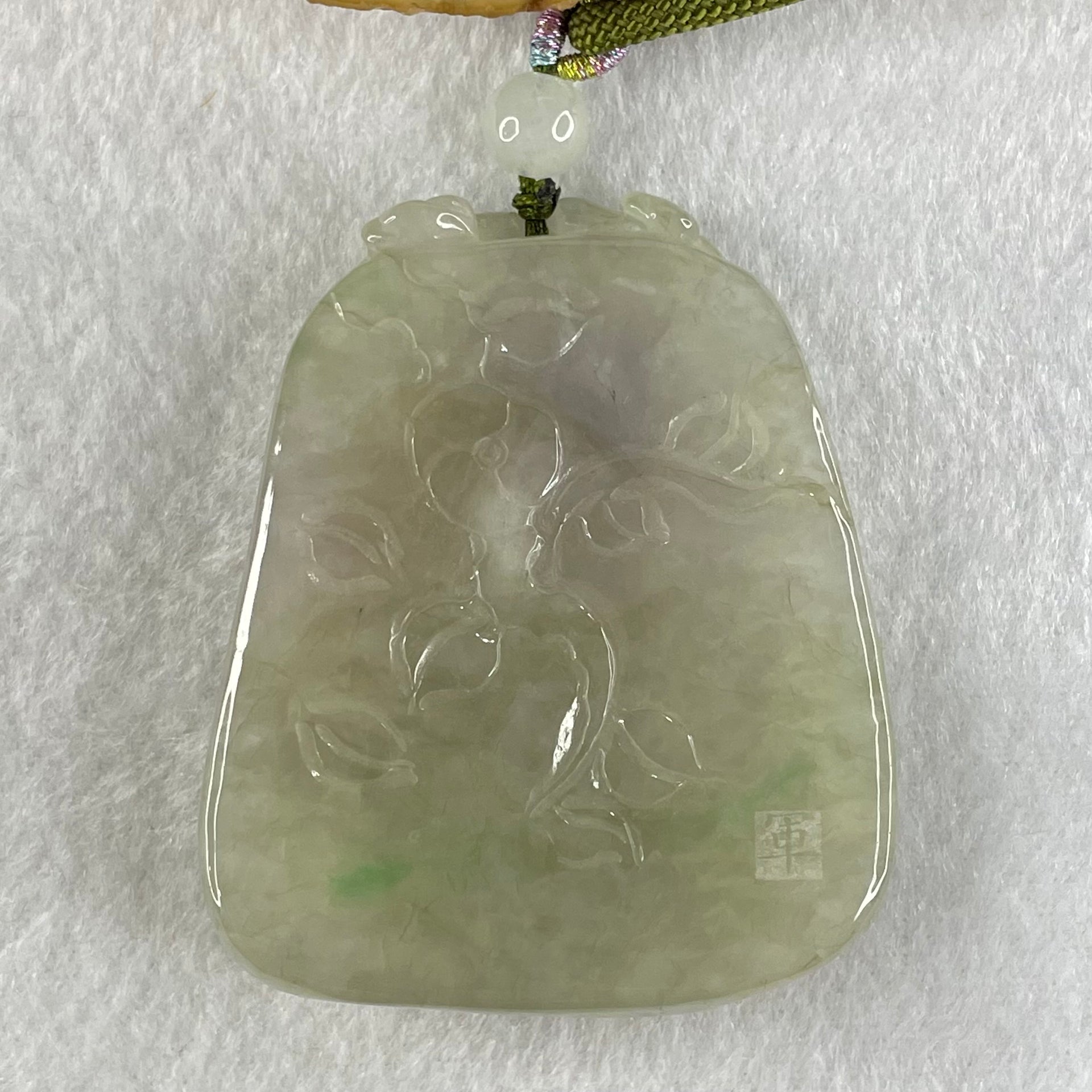 Grandmaster Type A Faint Lavender with Light Green Jadeite Cai Shen Ye with Prosperity Flowers and Bird 天宫赐福 Pendant 62.62g 56.88 by 46.94 by 13.07mm With NGI Cert 82838783 - Huangs Jadeite and Jewelry Pte Ltd