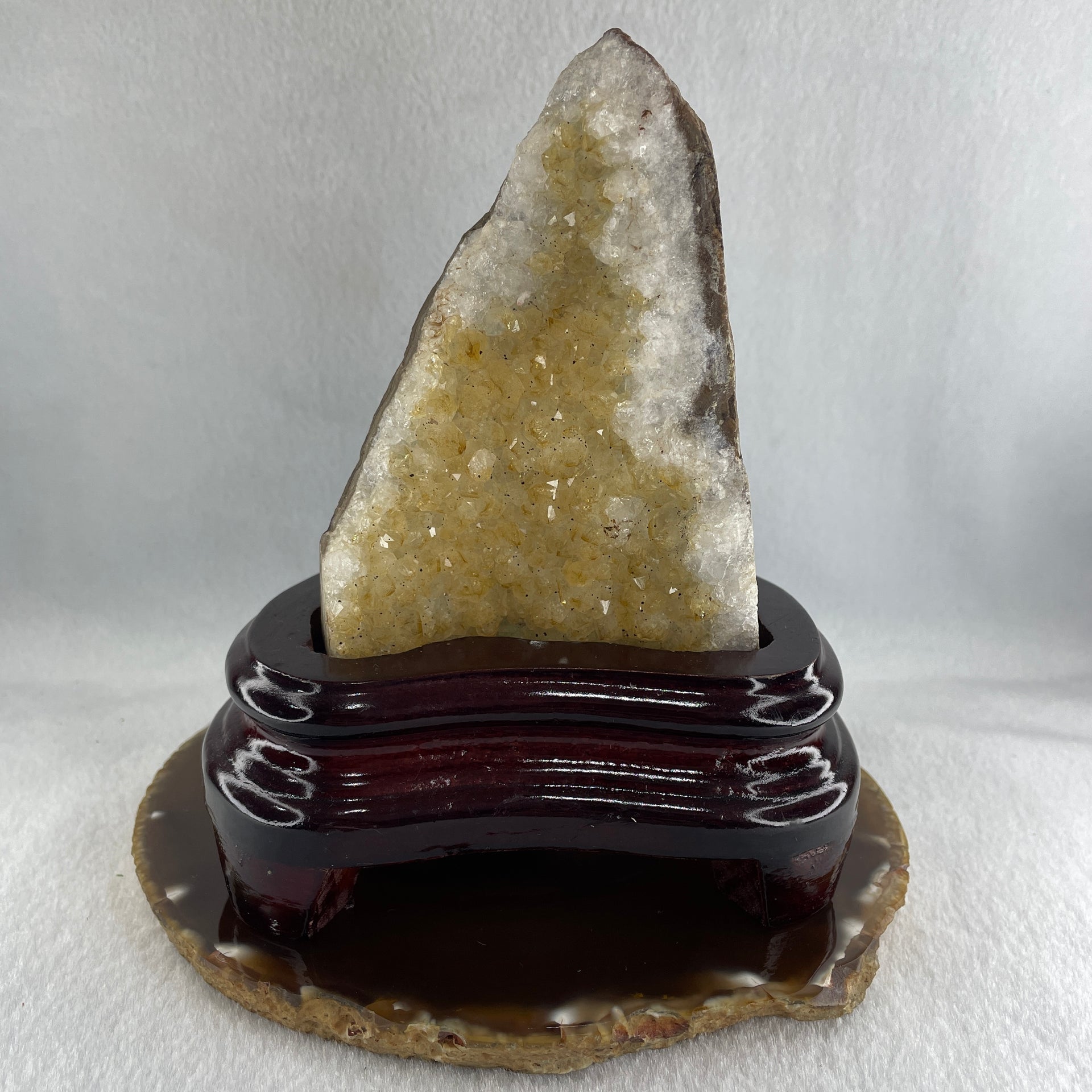 Natural Citrine Rough Irregular Shaped Display with Wooden Stand 719.31g 125.5 by 97.0 by 152.5mm - Huangs Jadeite and Jewelry Pte Ltd
