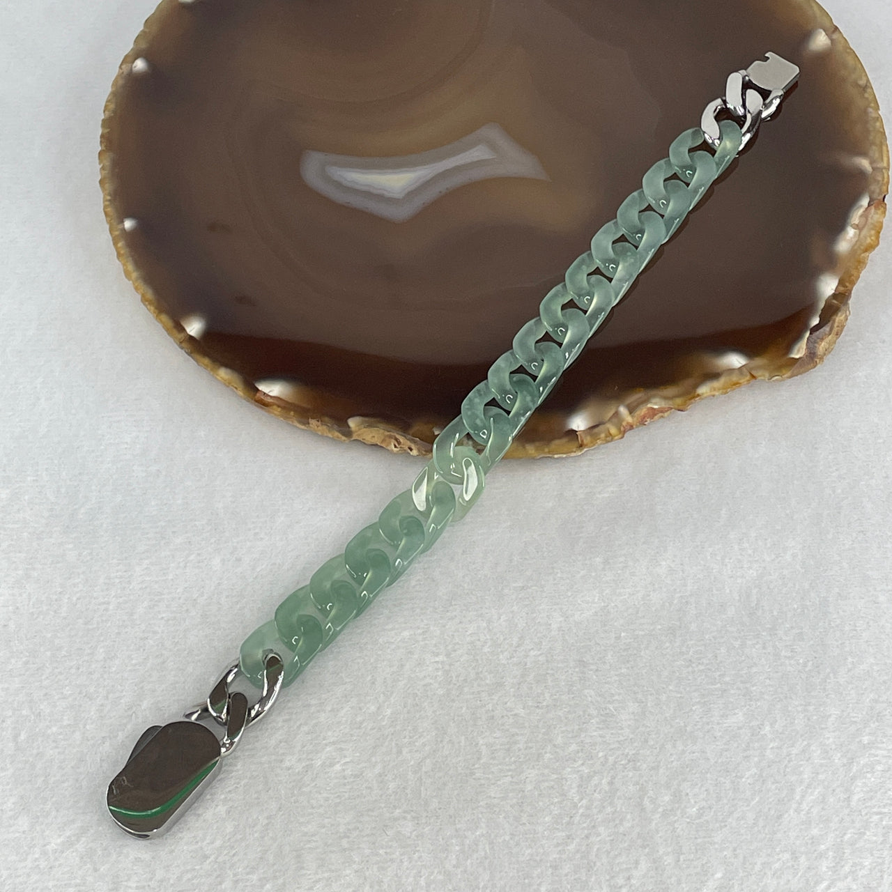 Certified Natural Type A Icy Light Blueish Green Jadeite Cuban Tennis Bracelet with Sliver Color Clasp 25.44g Up to 18cm 11.7 by 3.4mm 16 Pcs
