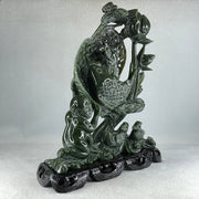 Natural Dark Green Serpentine Double Carp Fish with Gui ren and Lotus and Twin Ducks with Wooden Stand Display 2,032.7g 242.0 by 95.0 by 263.0mm - Huangs Jadeite and Jewelry Pte Ltd