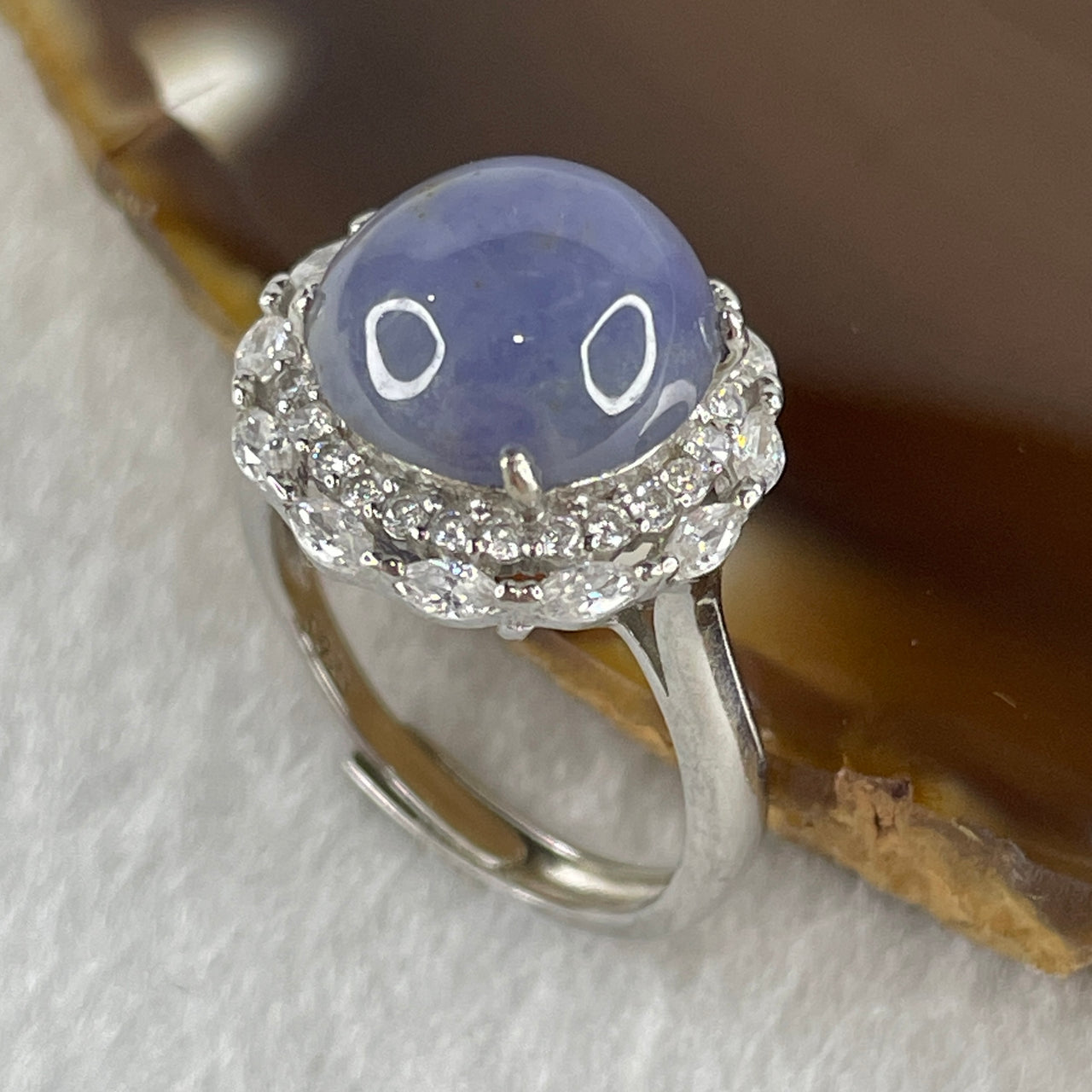 Certified Natural Type A Deep Intense Lavender Jadeite Round Shape Cabouchon with Cubic Zirconia in S925 Silver Ring (Adjustable Size) 3.52g 10.5 by 6.0mm