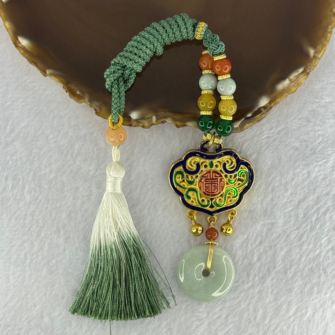 Type A Light Green Jadeite Ping An Kou Donut 25.7 by 5.7mm with Crystals Necklace 37.89g - Huangs Jadeite and Jewelry Pte Ltd