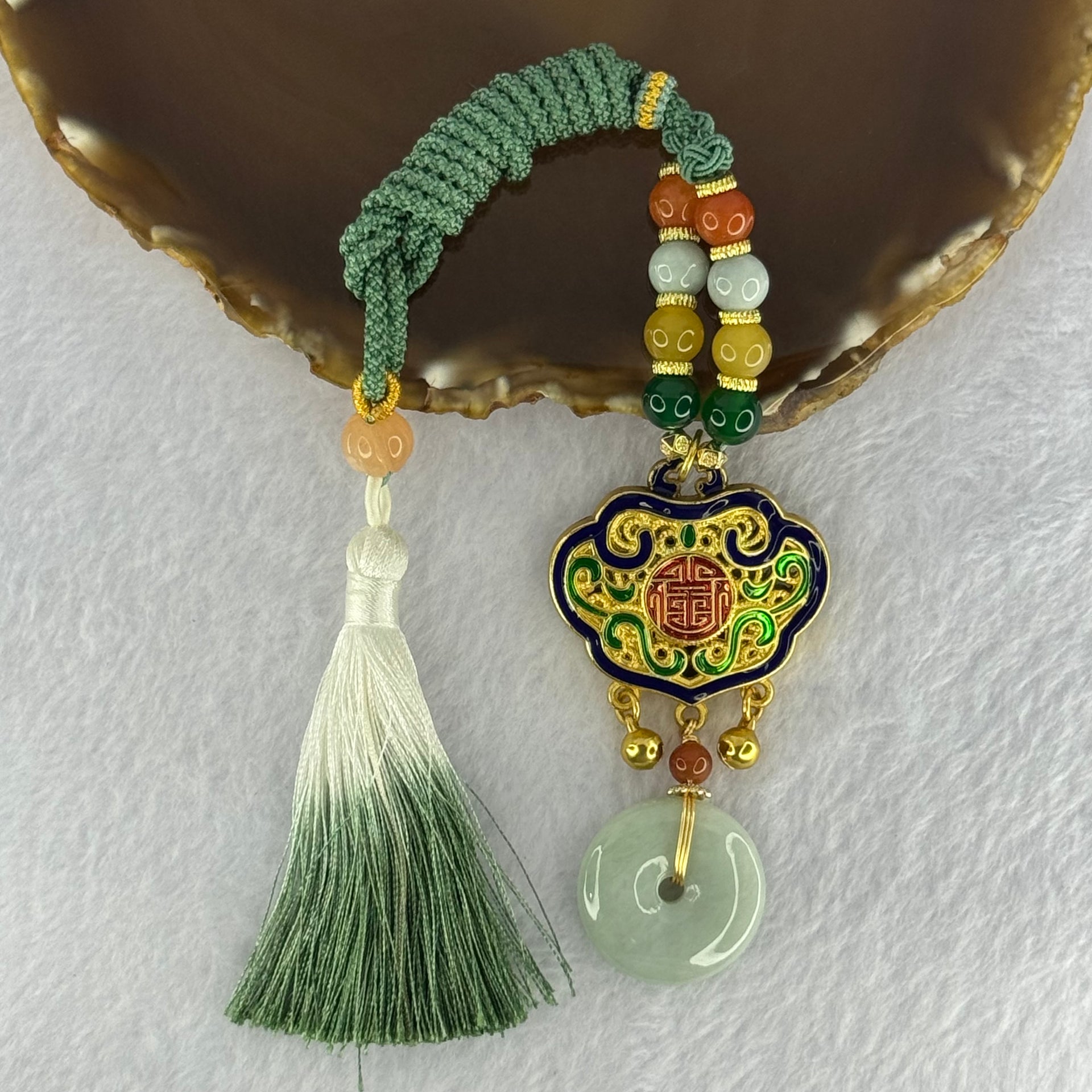 Type A Light Green Jadeite Ping An Kou Donut 25.7 by 5.7mm with Crystals Necklace 37.89g - Huangs Jadeite and Jewelry Pte Ltd