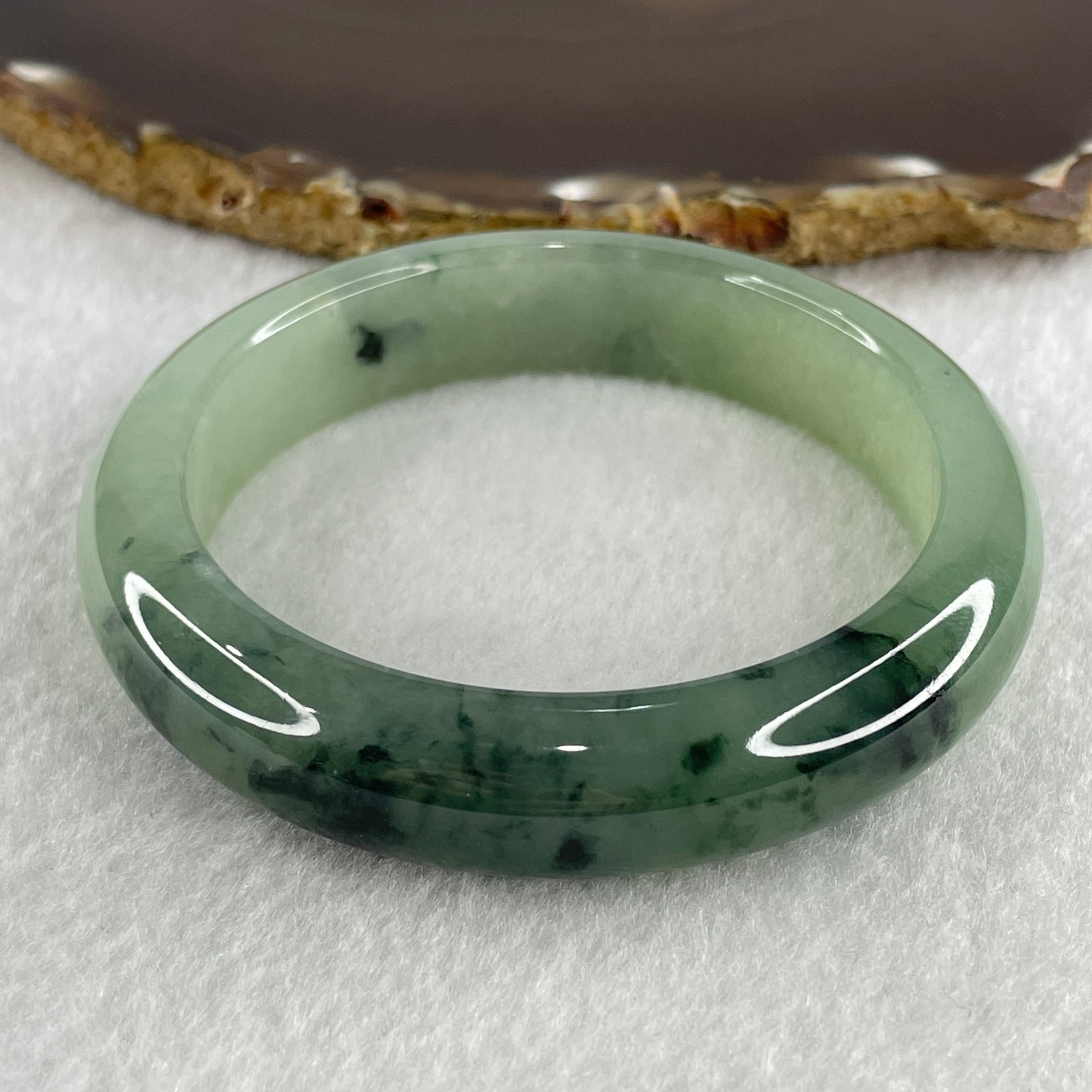Certified Type A Natural Semi Icy Light Green with Dark Green Fluorite Piao Hua Jadeite Bangle 66.27g Inner Diameter 57.6mm 13.8 by 9.2mm (Very Very Slight Internal Line) - Huangs Jadeite and Jewelry Pte Ltd