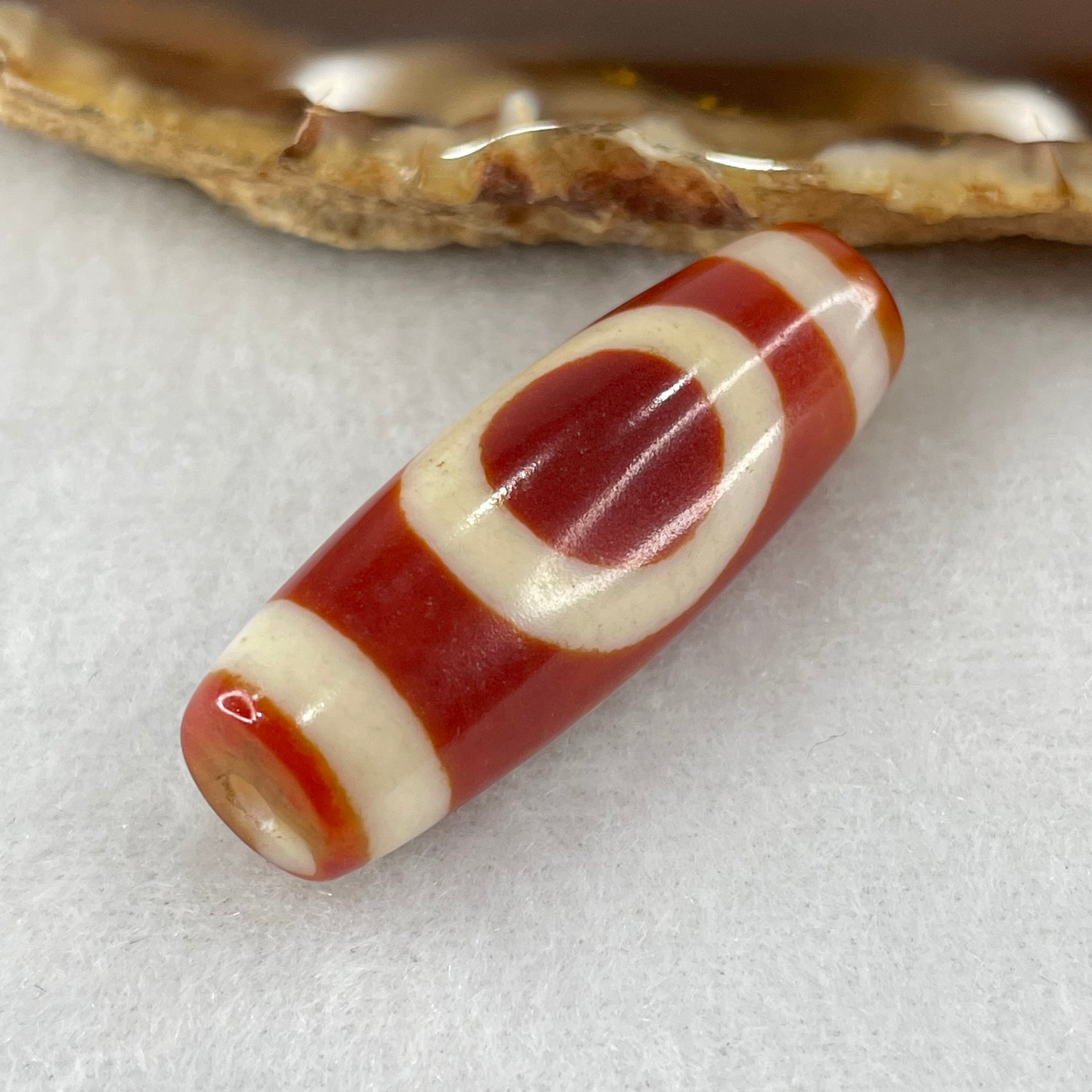 Natural Powerful Tibetan Old Oily Red White Agate One Eye Fire Sign Dzi Bead Heavenly Master (Tian Zhu) 一眼火天珠 10.81g 38.4 by 13.4mm - Huangs Jadeite and Jewelry Pte Ltd