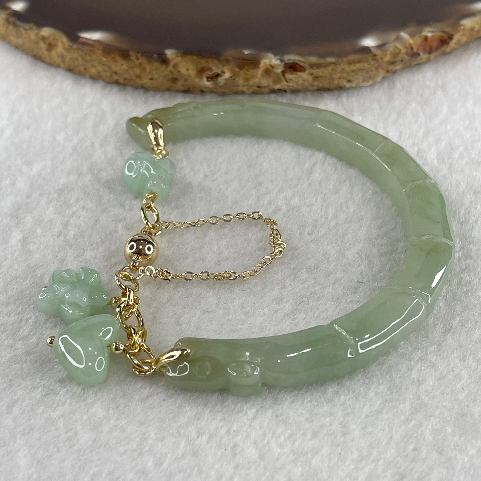 Natural Type A Jelly Light Green with Yellowish Spot Jadeite Bamboo with Double Dragon Head Bracelet 25.94g 17cm 7.2 by 8.2mm - Huangs Jadeite and Jewelry Pte Ltd