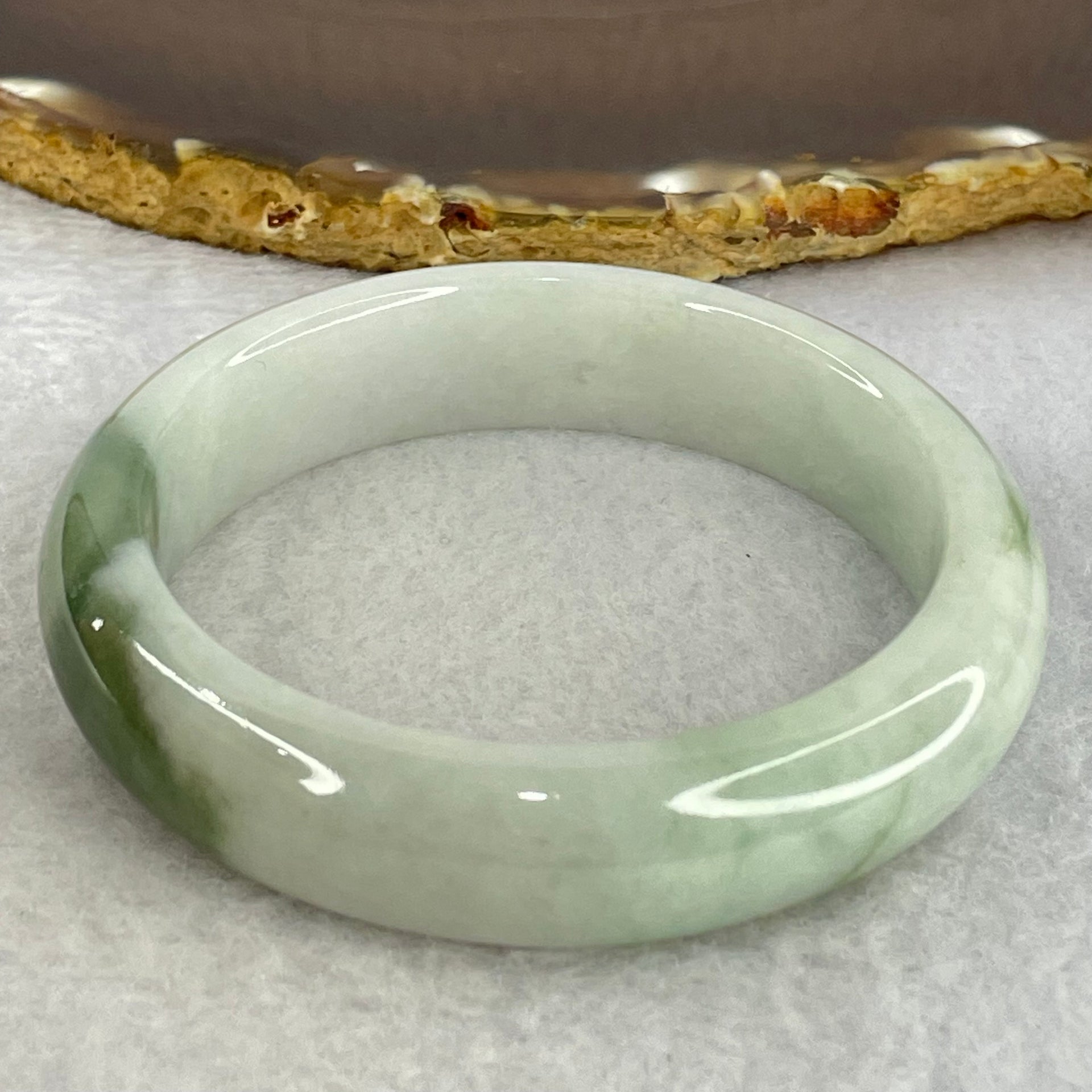 Type A Faint Lavender Green with Moss Green Patches Jadeite Bangle Internal Diameter 56.8mm 67.33g 14.8 by 8.8mm (Internal Lines) - Huangs Jadeite and Jewelry Pte Ltd