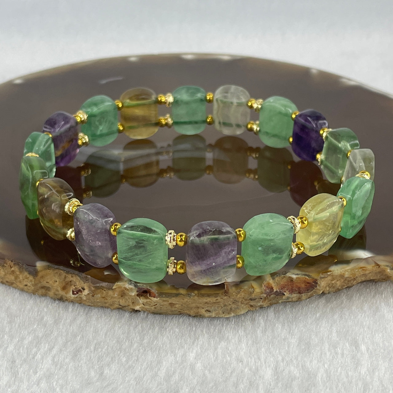 Natural Deep Purple with Green and Yellow Fluorite Shoupai Bracelet 40.54g 21cm 14.7mm 18Pcs