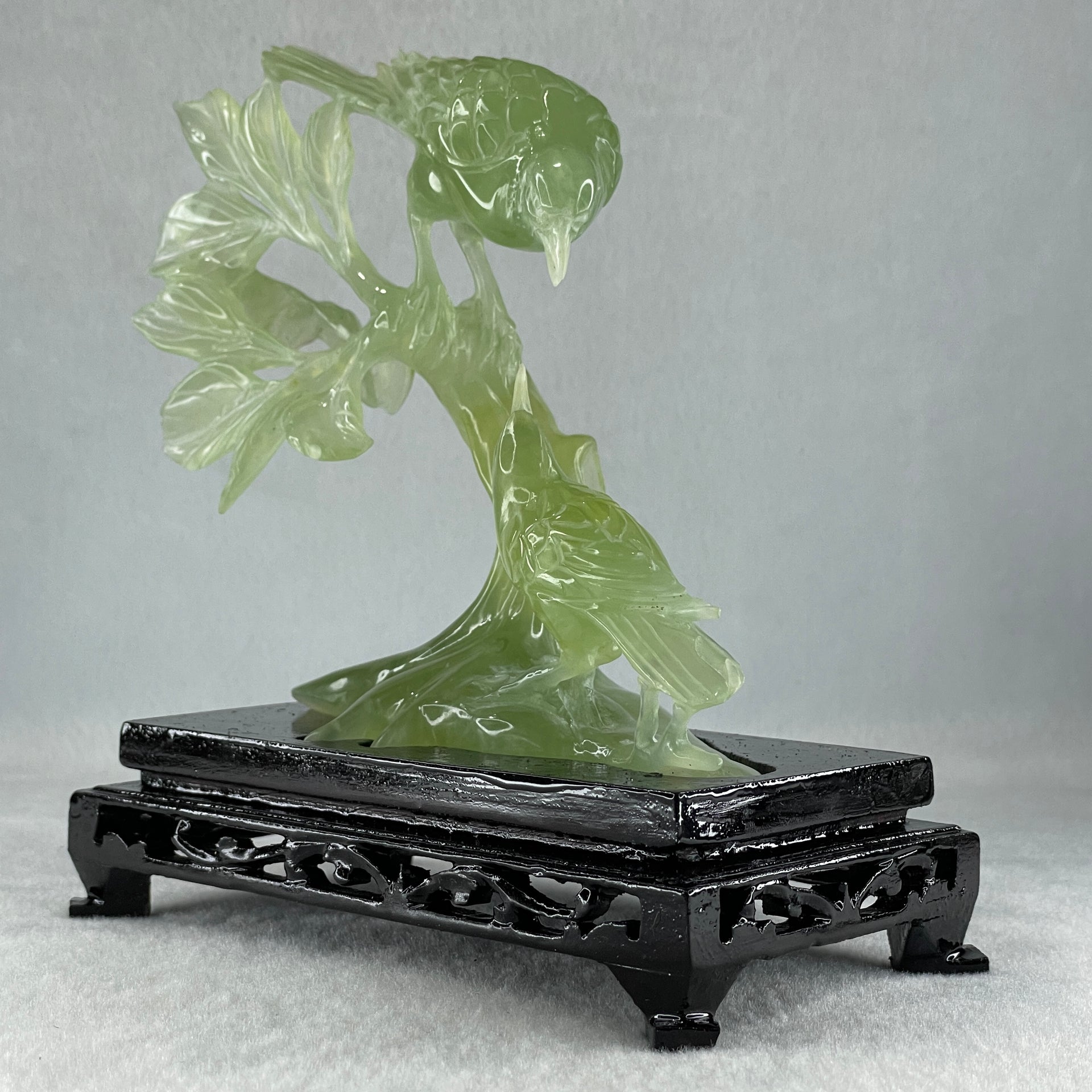 Natural Green Serpentine Double Birds on Tree with Wooden Stand Display 322.6g 74.0 by 155.0 by 75.8mm - Huangs Jadeite and Jewelry Pte Ltd