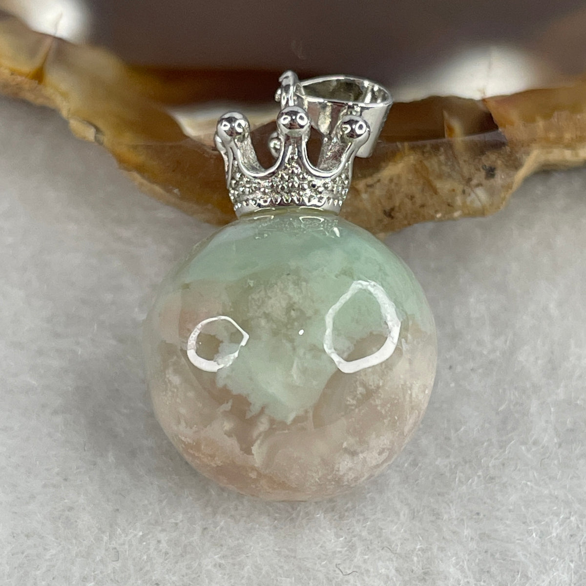 Natural Pink & Green Flower Agate Spherical Ball Pendant with Royal Crown Clasp | Dual-Tone Cherry Blossom Quartz Heart & Growth Talisman (5.88g | 15.5mm Sphere)