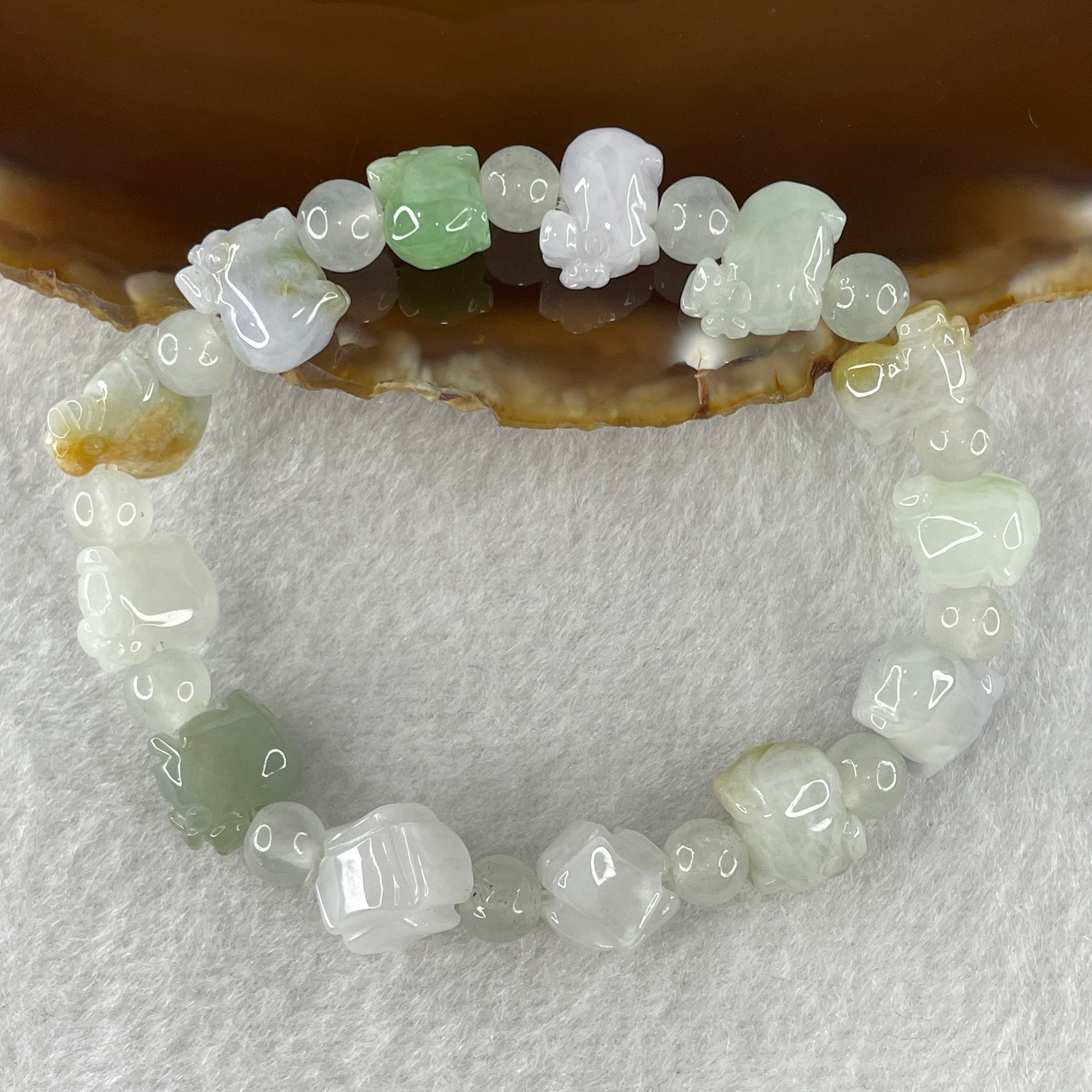 Natural Type A Multi Tone Green with Lavender and Yellow Jadeite Pig Shape Charms with Crystal Beads Bracelet 21.84g 15cm 12.1mm 11 Piglets - Huangs Jadeite and Jewelry Pte Ltd