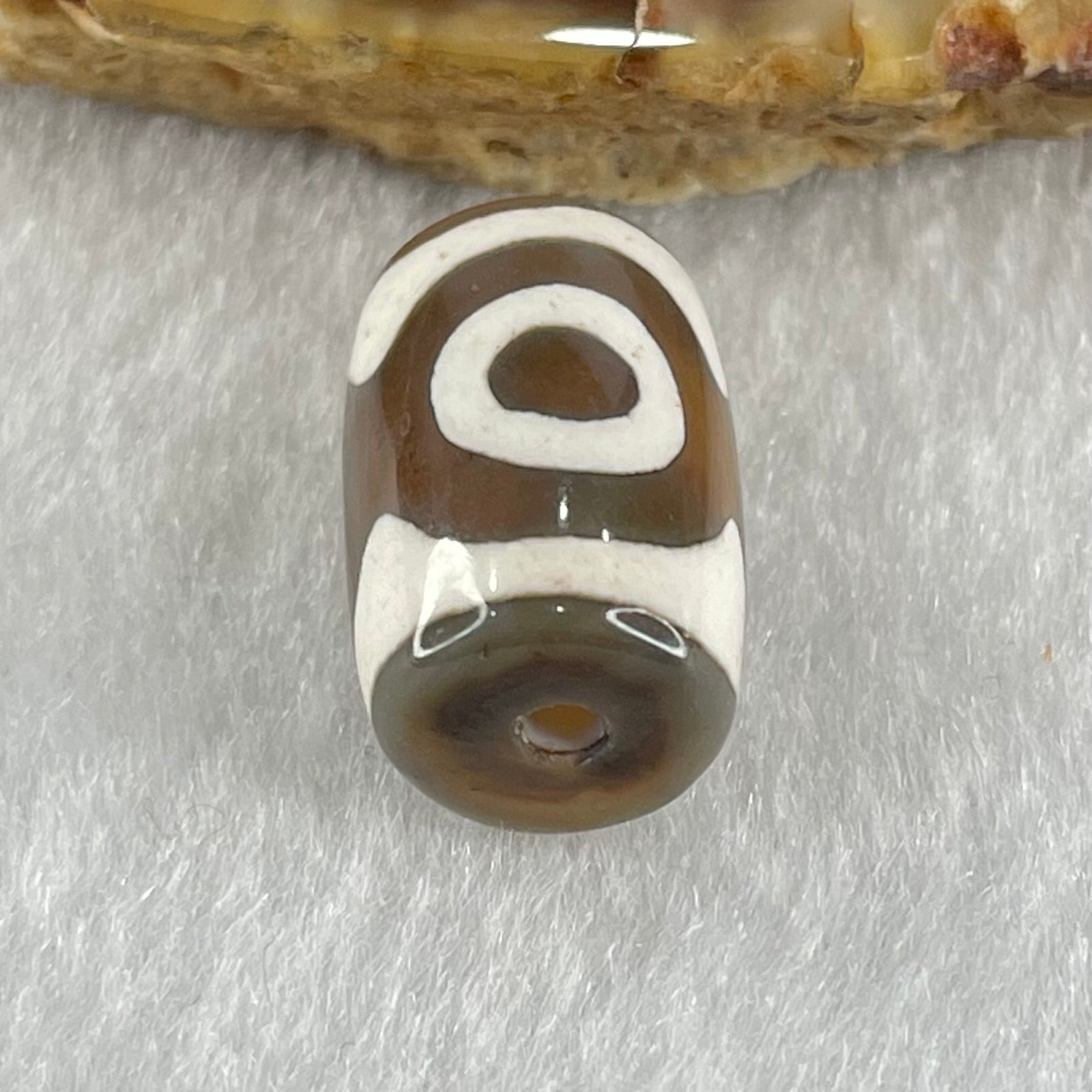 Natural Powerful Tibetan Old Oily Dark Brown With White Agate 3 Eyes Dzi Bead Heavenly Master (Tian Zhu) 三眼天诛 3.19g 15.7 by 10.8mm - Huangs Jadeite and Jewelry Pte Ltd