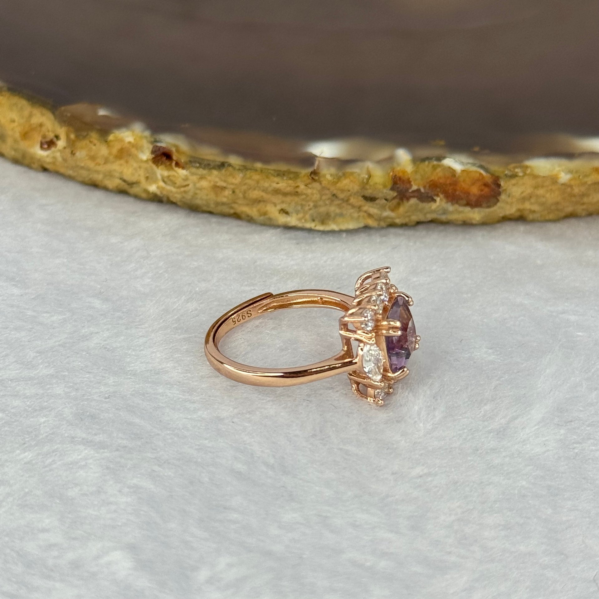 Natural Fluorite in 925 Sliver Rose Gold Color Ring (Adjustable Size) 2.22g 7.1 by 7.1 by 3.7mm - Huangs Jadeite and Jewelry Pte Ltd