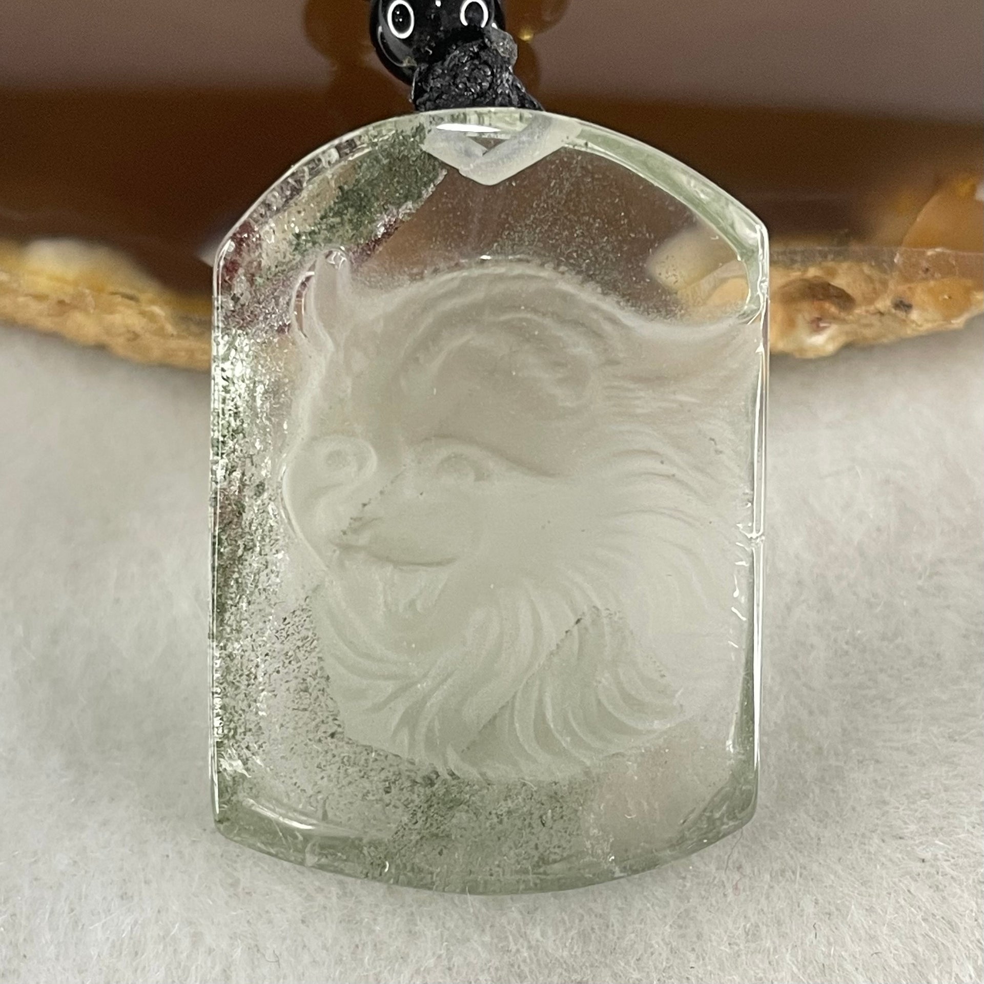 Above Average Grade Natural Green Phantom Quartz Tiger Pendant with Onyx Beads Necklace 28.56g 33.4 by 23.7 by 10.0mm - Huangs Jadeite and Jewelry Pte Ltd