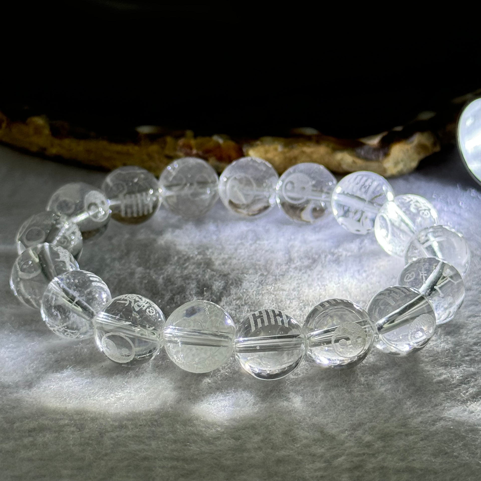 Natural Clear Quartz Beads with Inscription Bracelet 38.35g 17cm 11.9mm 17 Beads - Huangs Jadeite and Jewelry Pte Ltd