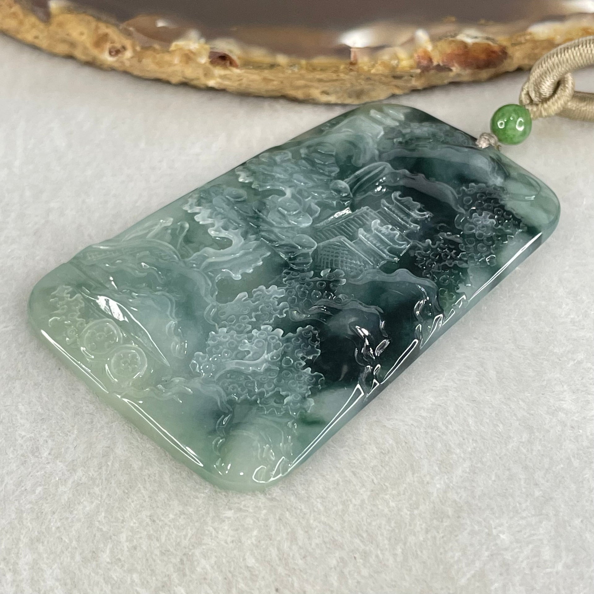 Type A Jelly Semi Icy Blueish Green Jadeite Shan Shui with Guiren Benefactor Pendant 34.79g 61.2 by 41.1 by 5.5mm - Huangs Jadeite and Jewelry Pte Ltd