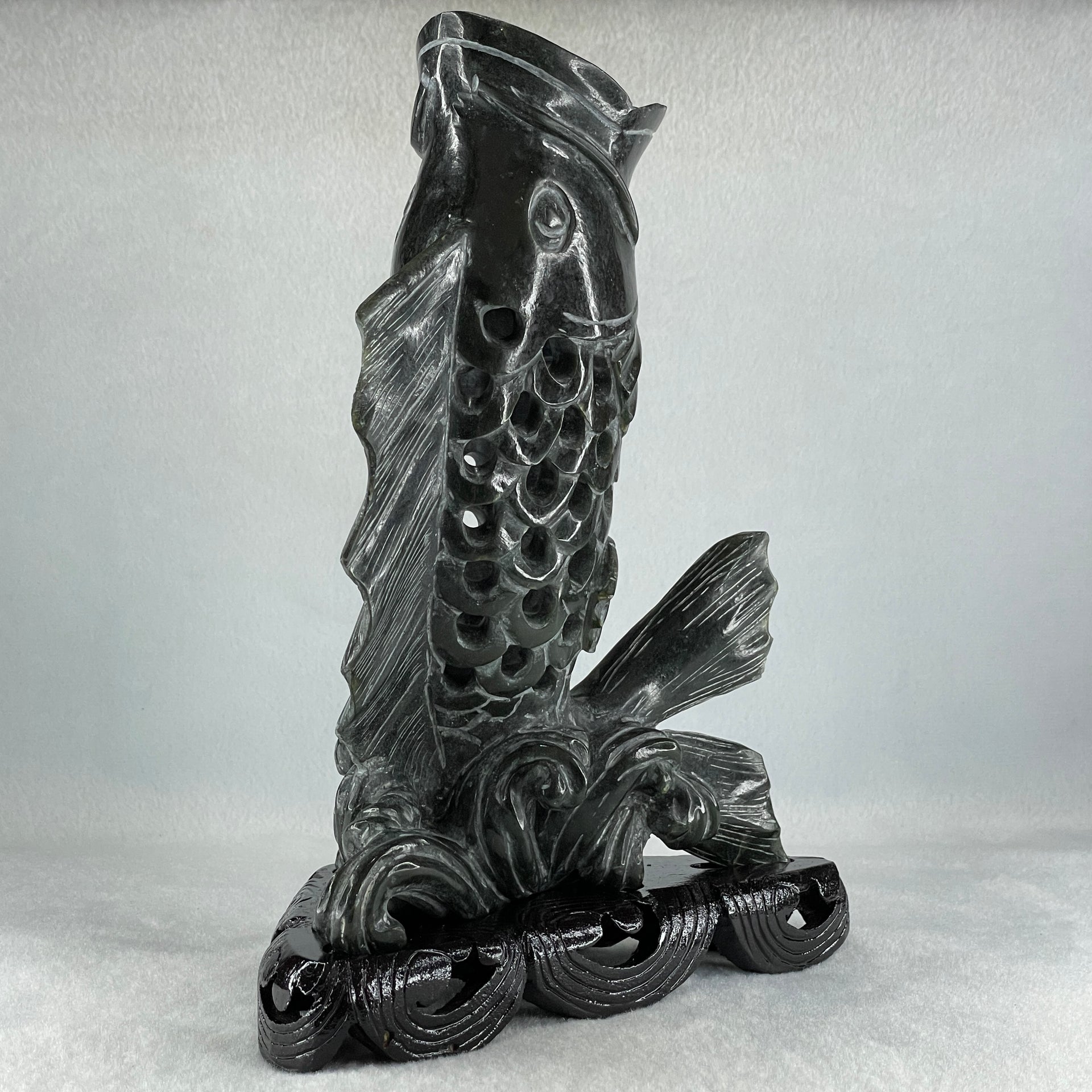 Natural Dark Green Serpentine Carp Fish with Wooden Stand Display 1,119.0g 175.0 by 100.0 by 240.0mm - Huangs Jadeite and Jewelry Pte Ltd