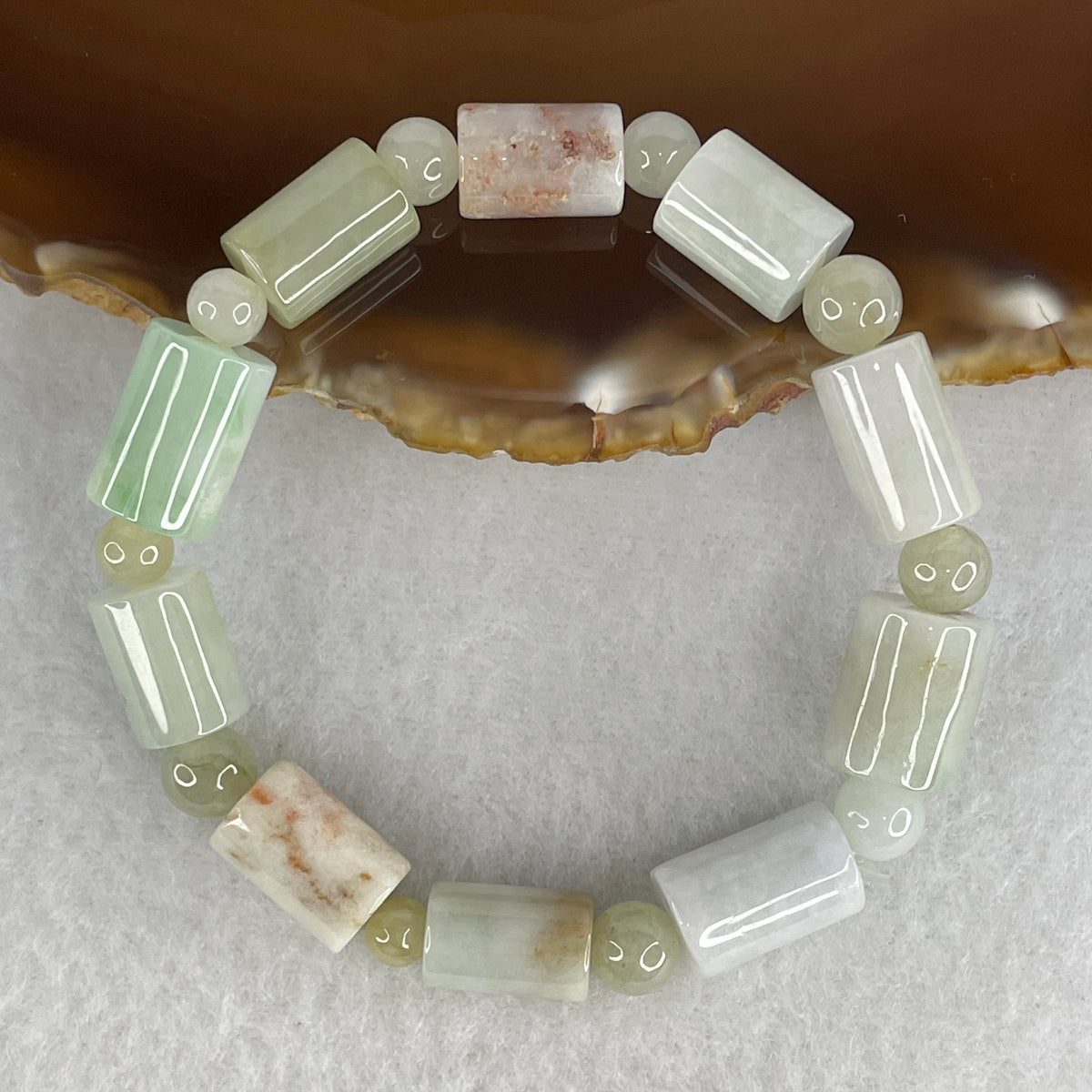 Natural Type A Light Green, Yellowish Green & Reddish Piao Hua Jadeite Lulutong Beads Bracelet | 15cm with 10 Beads 10.2mm (28.75g | Heart, Solar Plexus & Root Chakra Balance, Obstacle-Clearing Fortune & Bountiful Wealth Shield)