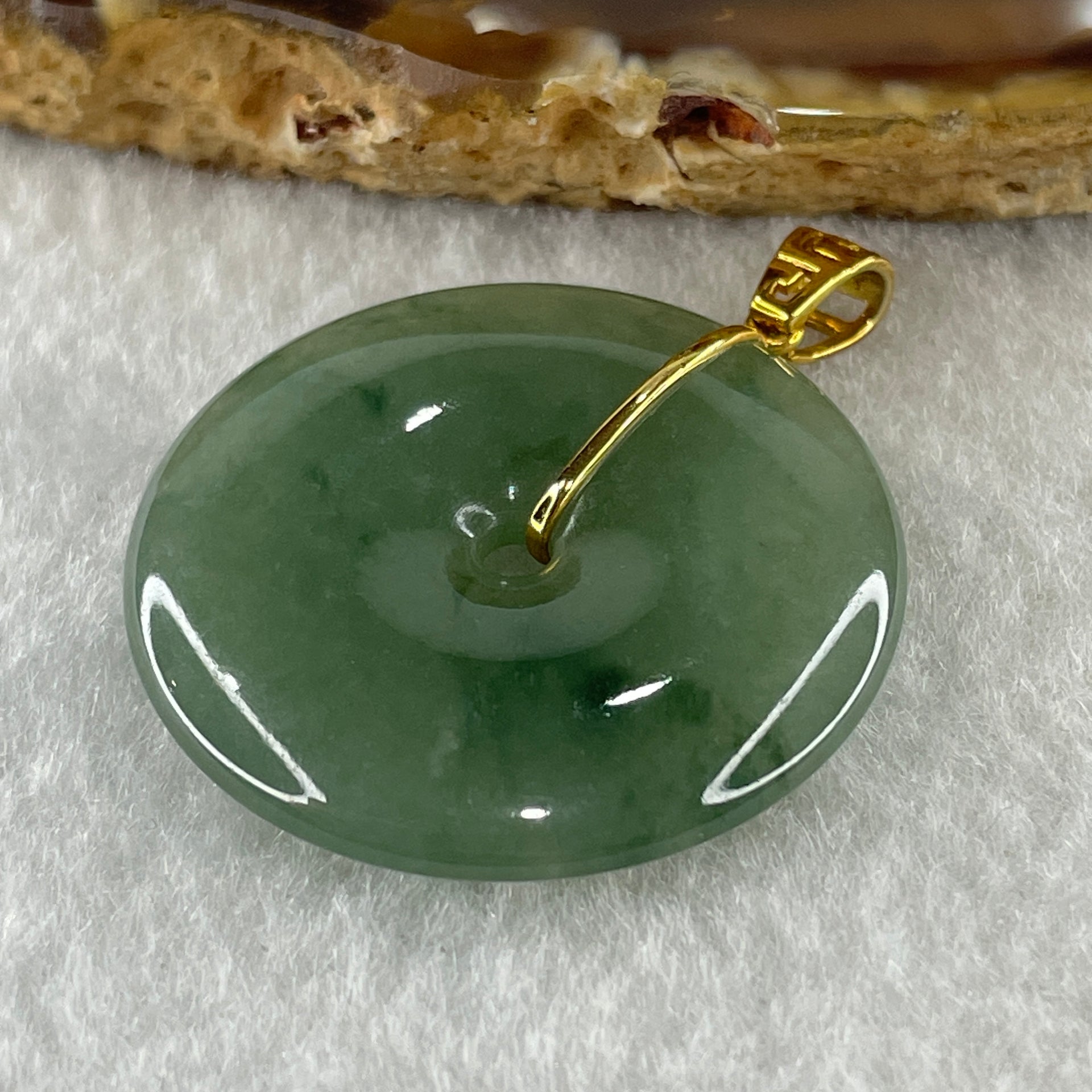 Type A Natural Semi Icy Green with Green Piao Hua Jadeite Ping An Kou Pendant with 18K Yellow Gold Clap 10.67g 30.5 by 5.2mm - Huangs Jadeite and Jewelry Pte Ltd