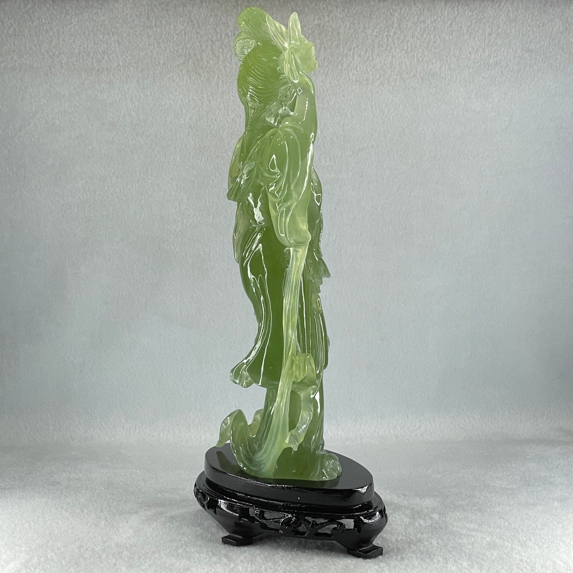 Natural Green Serpentine Fairy with Bird and Flower with Wooden Stand Display 697.8g 118.0 by 257.0 by 75.0mm - Huangs Jadeite and Jewelry Pte Ltd