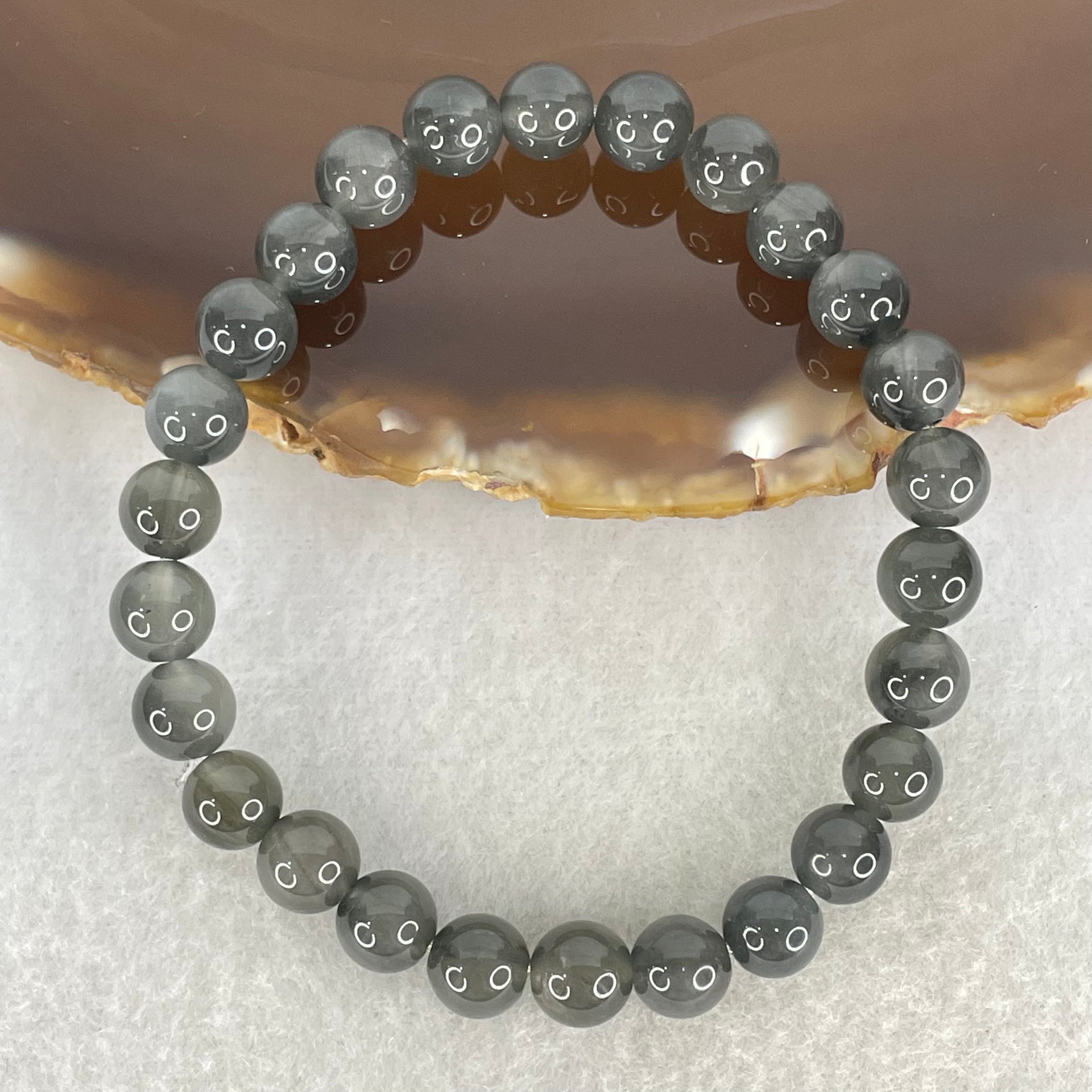 Good Grade Natural Grey Rabbit Hair Rutilated Quartz Beads Bracelet 12.79g 15.5cm 7.3mm 26 Beads - Huangs Jadeite and Jewelry Pte Ltd