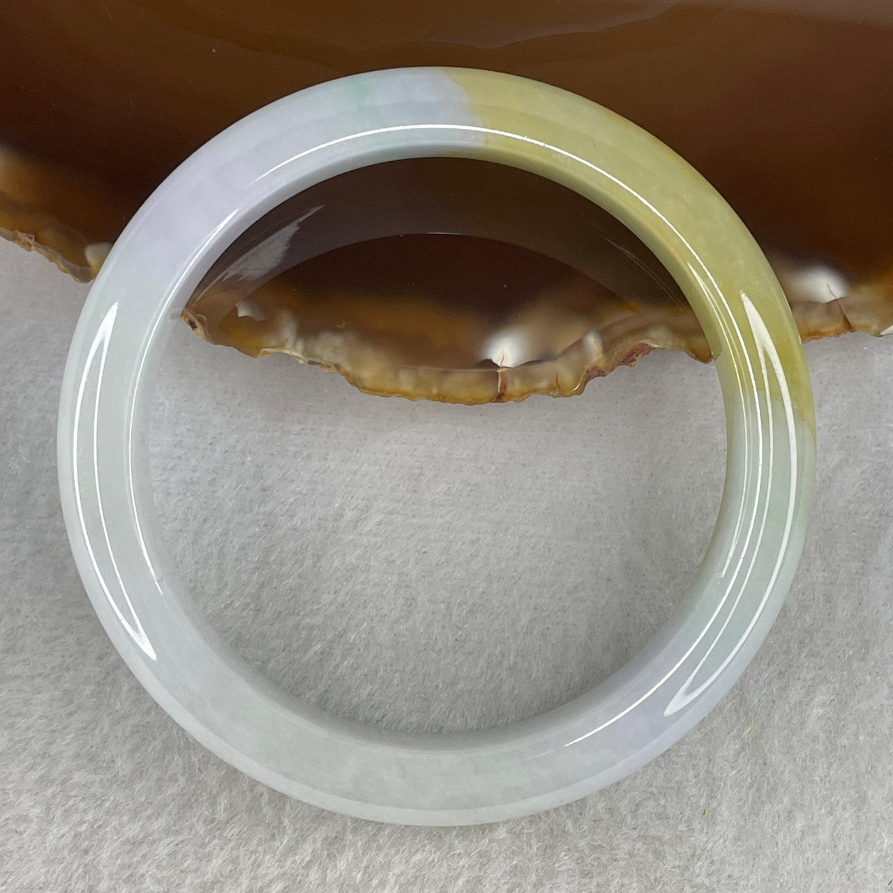 Natural Type A Multicolor Jadeite Bangle | 57.1mm Faint Green & Light Lavender with Earthy Brown Patch | Close to Perfect Translucent "San Cai" Round Wrist Heirloom (52.96g 11.7x8.5mm)