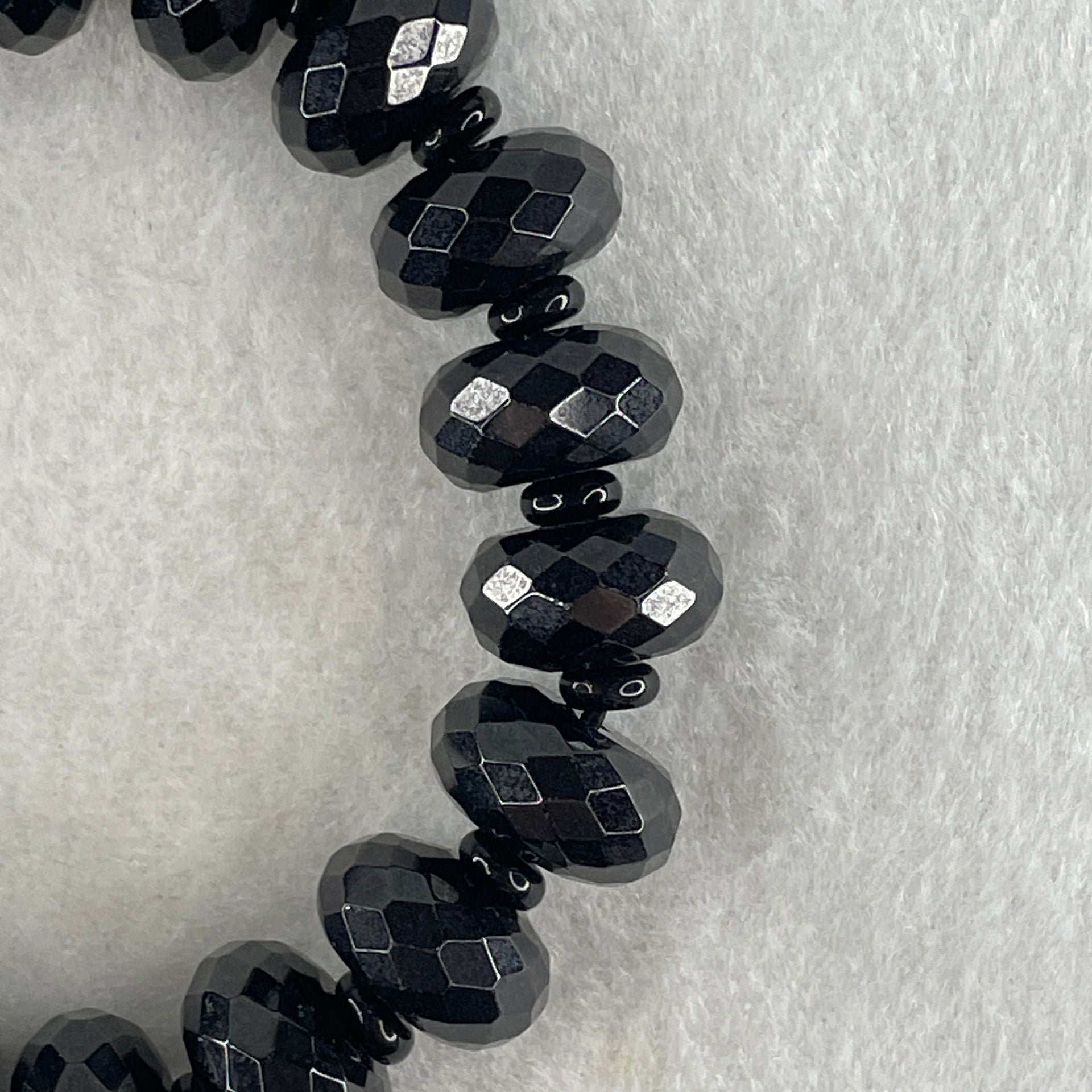 Type A Opaque Black Omphacite Jadeite Faceted Donut Ping An Kou Shape Beads Bracelet 59.39g 15cm 14.3mm 19 Beads - Huangs Jadeite and Jewelry Pte Ltd