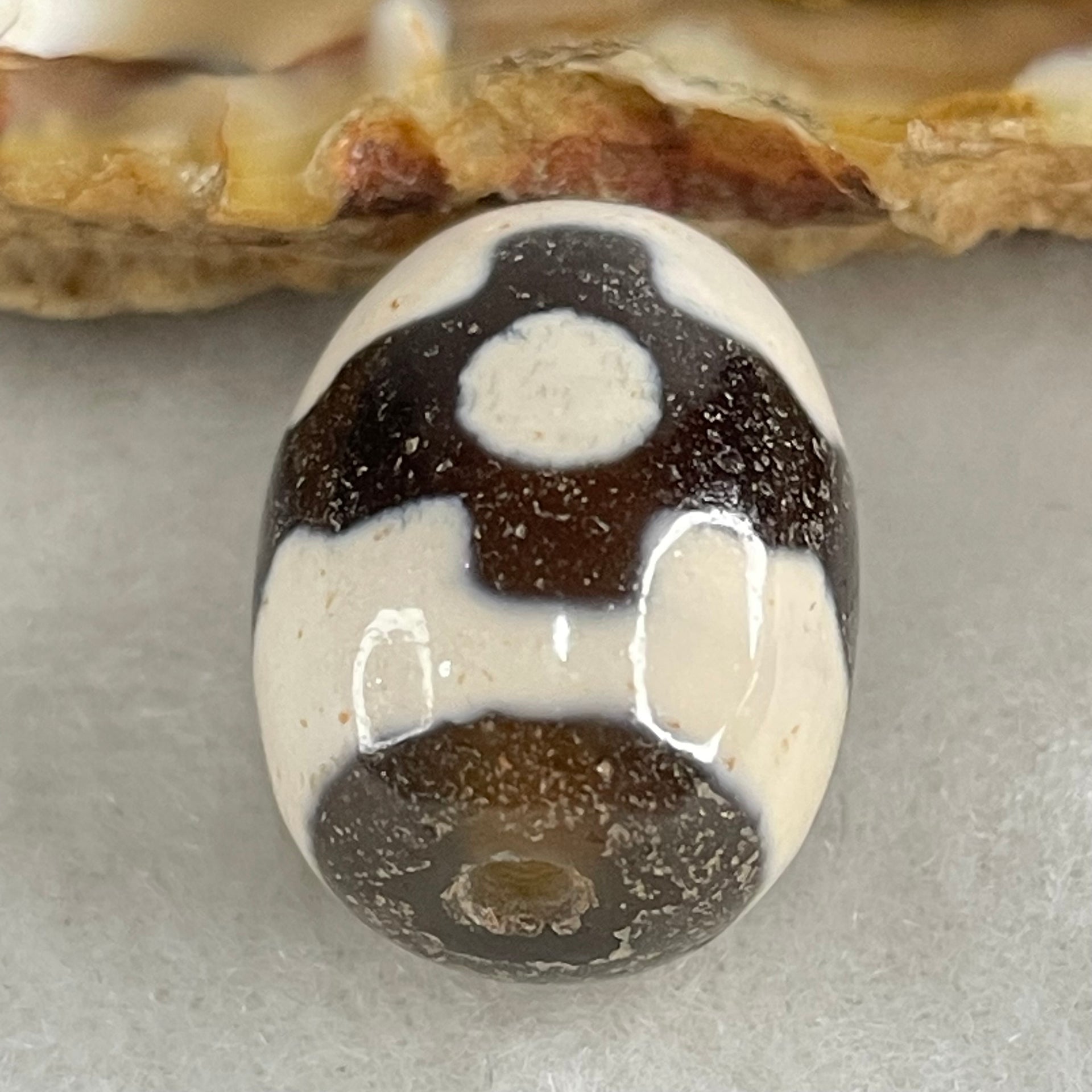 Natural Powerful Tibetan Old Oily Dark Brown With White Agate 3 Eyes Dzi Bead Heavenly Master (Tian Zhu) 三眼天诛 5.05g 17.8 by 13.5mm - Huangs Jadeite and Jewelry Pte Ltd