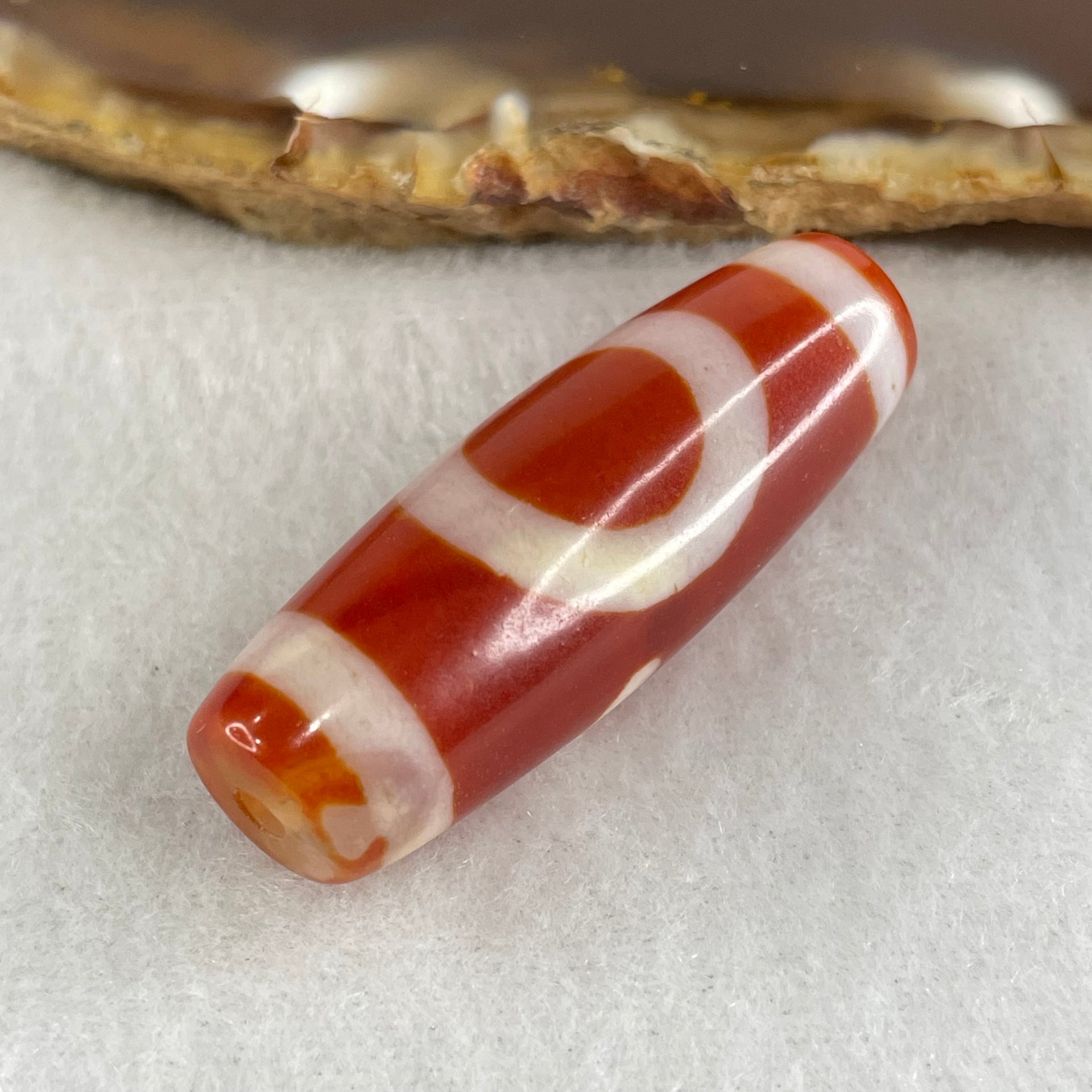 Natural Powerful Tibetan Old Oily Red White Agate One Eye Gold Metal Element Dzi Bead Heavenly Master (Tian Zhu) 一眼金天珠 11.08g 10.25g 37.9 by 13.2mm - Huangs Jadeite and Jewelry Pte Ltd