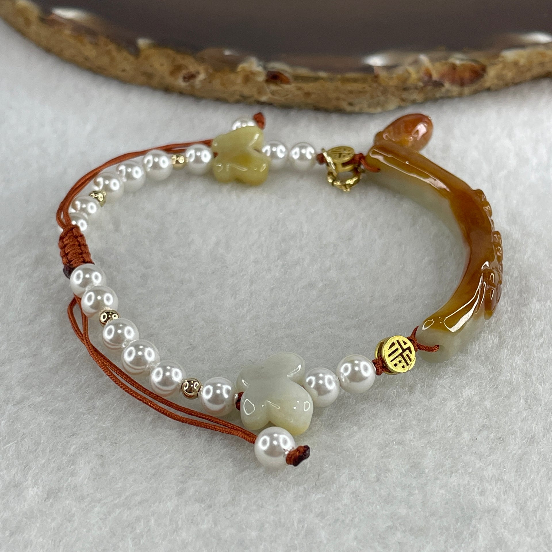 Natural Type A Brownish with Green Jadeite Flowers with Strawberry and Butterfly Charms Bracelet 14.88g 16cm 8.3 by 6.2mm - Huangs Jadeite and Jewelry Pte Ltd
