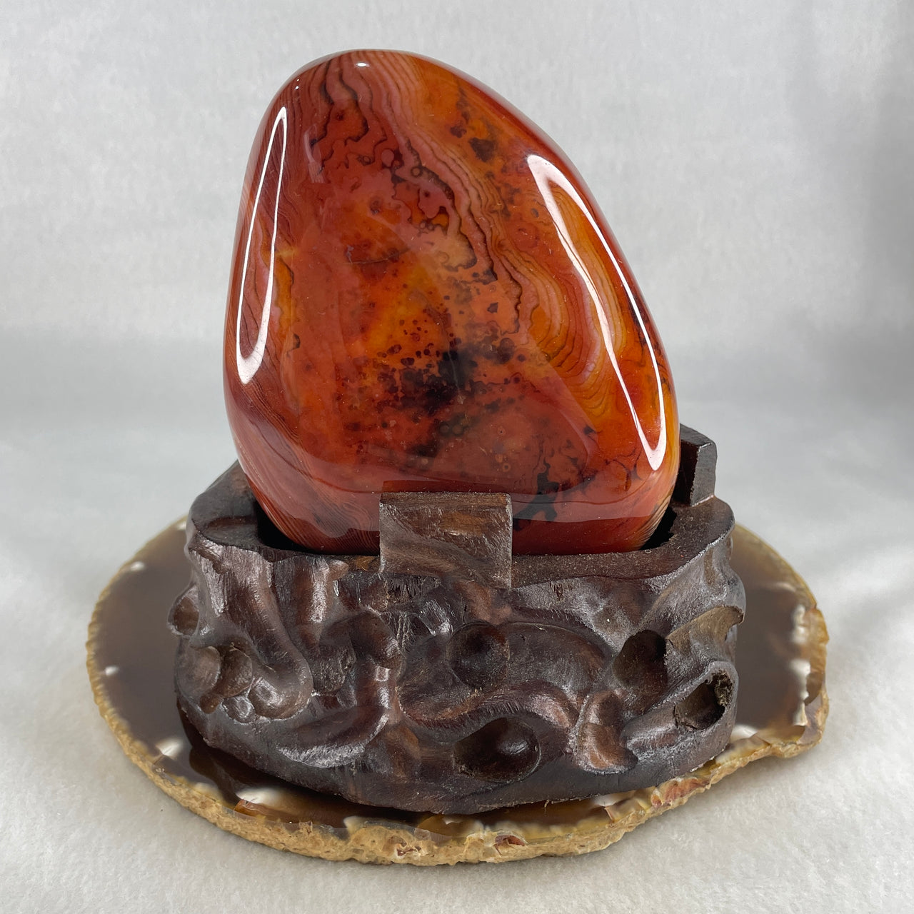Natural Carnelian Agate Display with Wooden Stand608.4g 109.4 by 77.0 by 117.5mm - Huangs Jadeite and Jewelry Pte Ltd