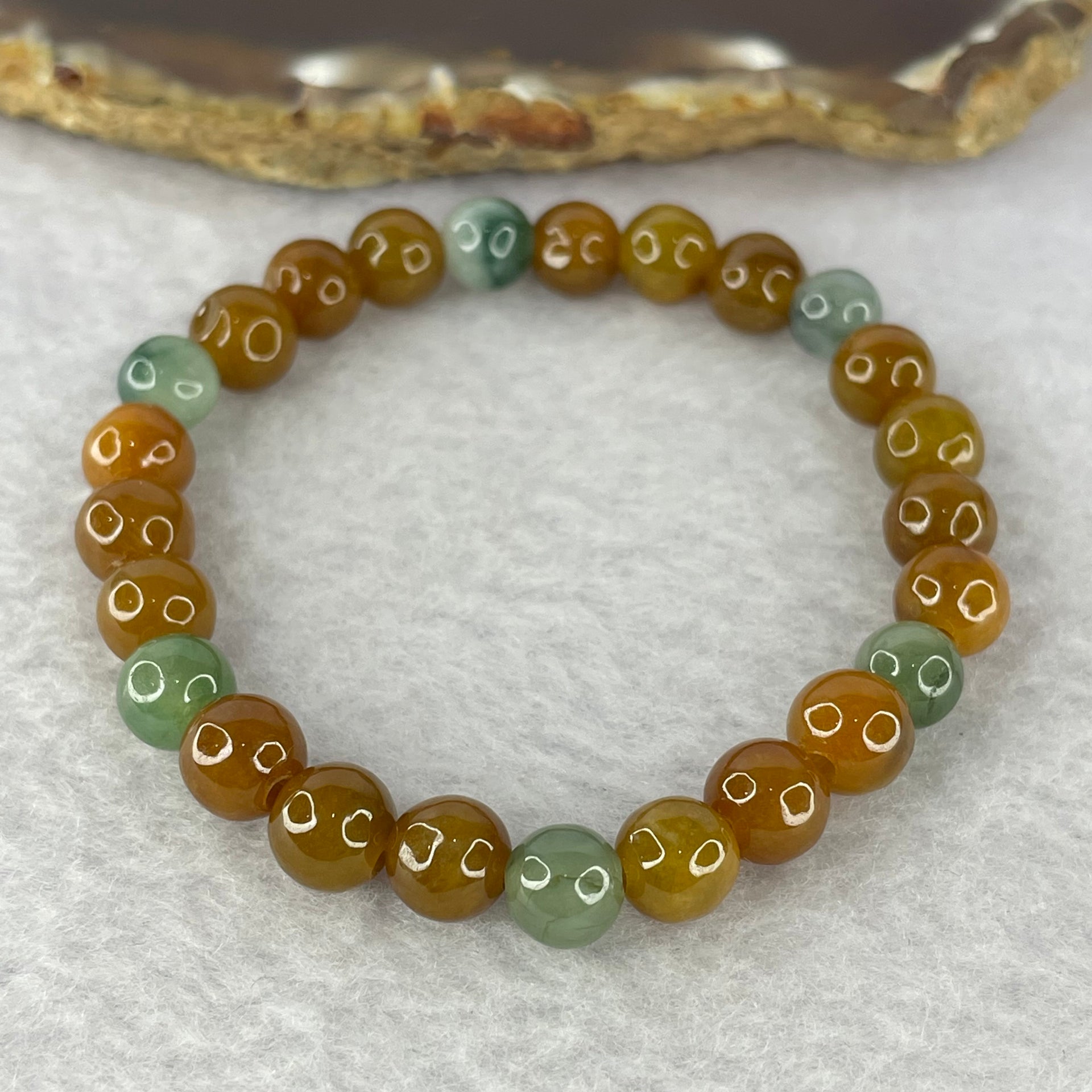 Type A Brown with Green Piao Hua Bracelet 15.50g 7.4 mm 25 Beads - Huangs Jadeite and Jewelry Pte Ltd