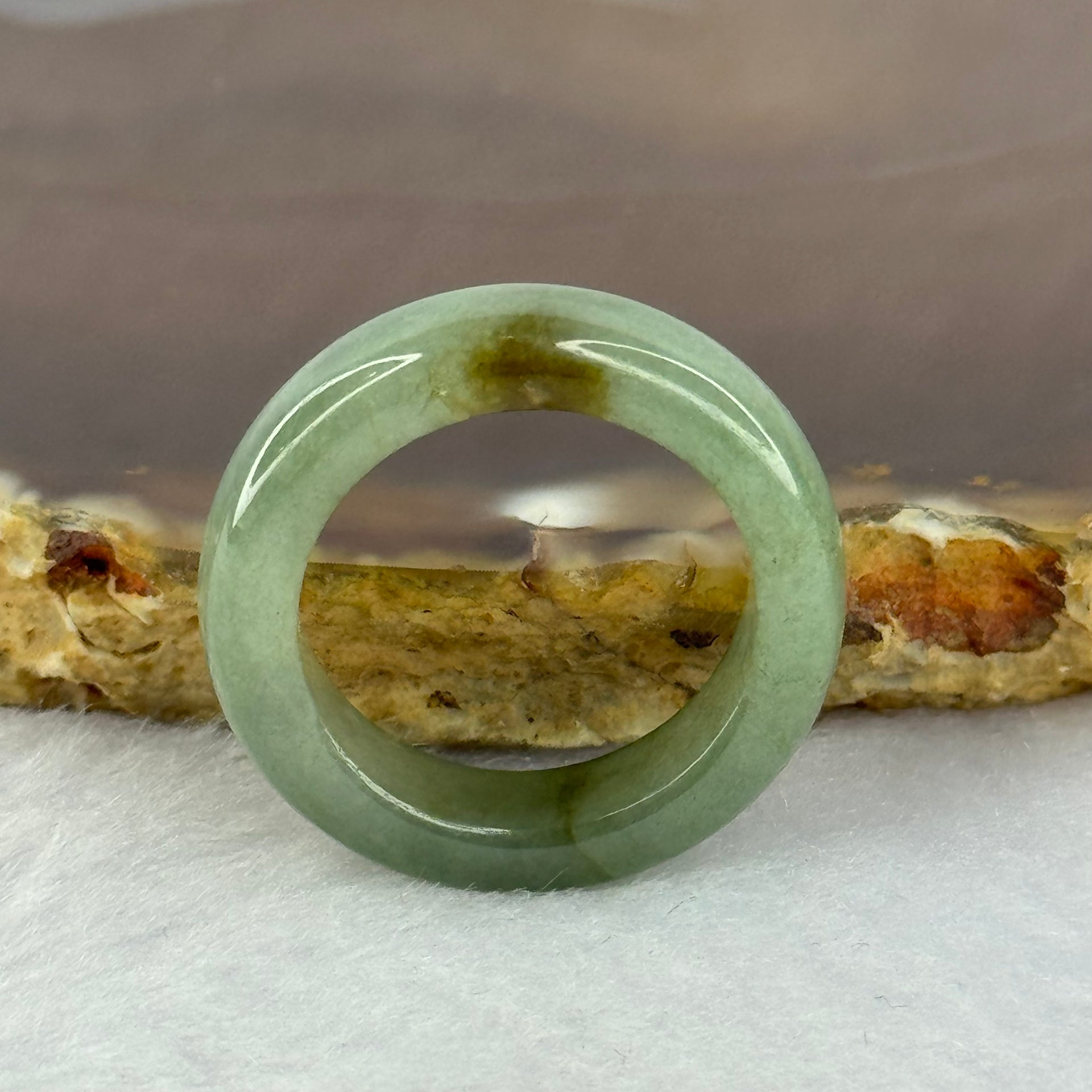 Type A Medium Green with Brown Patches Jadeite Ring 4.24g 6.2 by 3.8mm US7.25 HK16 - Huangs Jadeite and Jewelry Pte Ltd