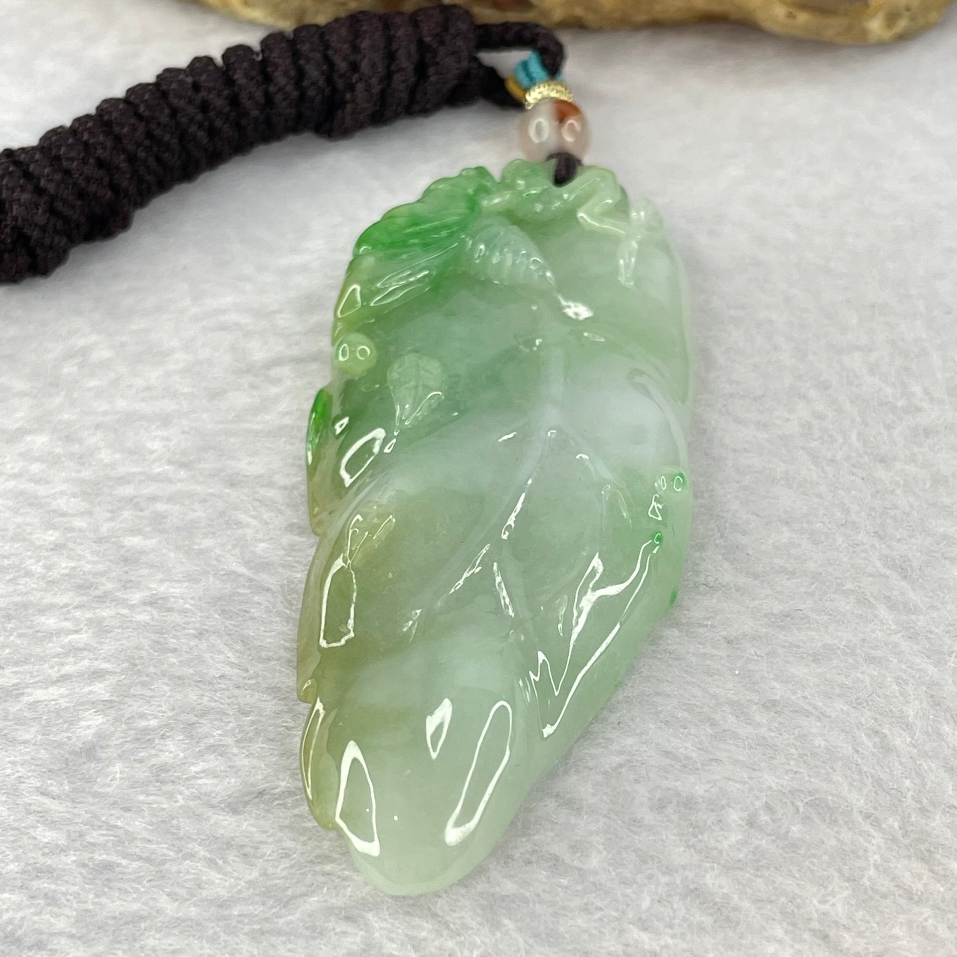 Type A Light Green with Green Jadeite Bee on Leaf Pendent 22.23g 67.2 by 27.8 by 7.0mm - Huangs Jadeite and Jewelry Pte Ltd