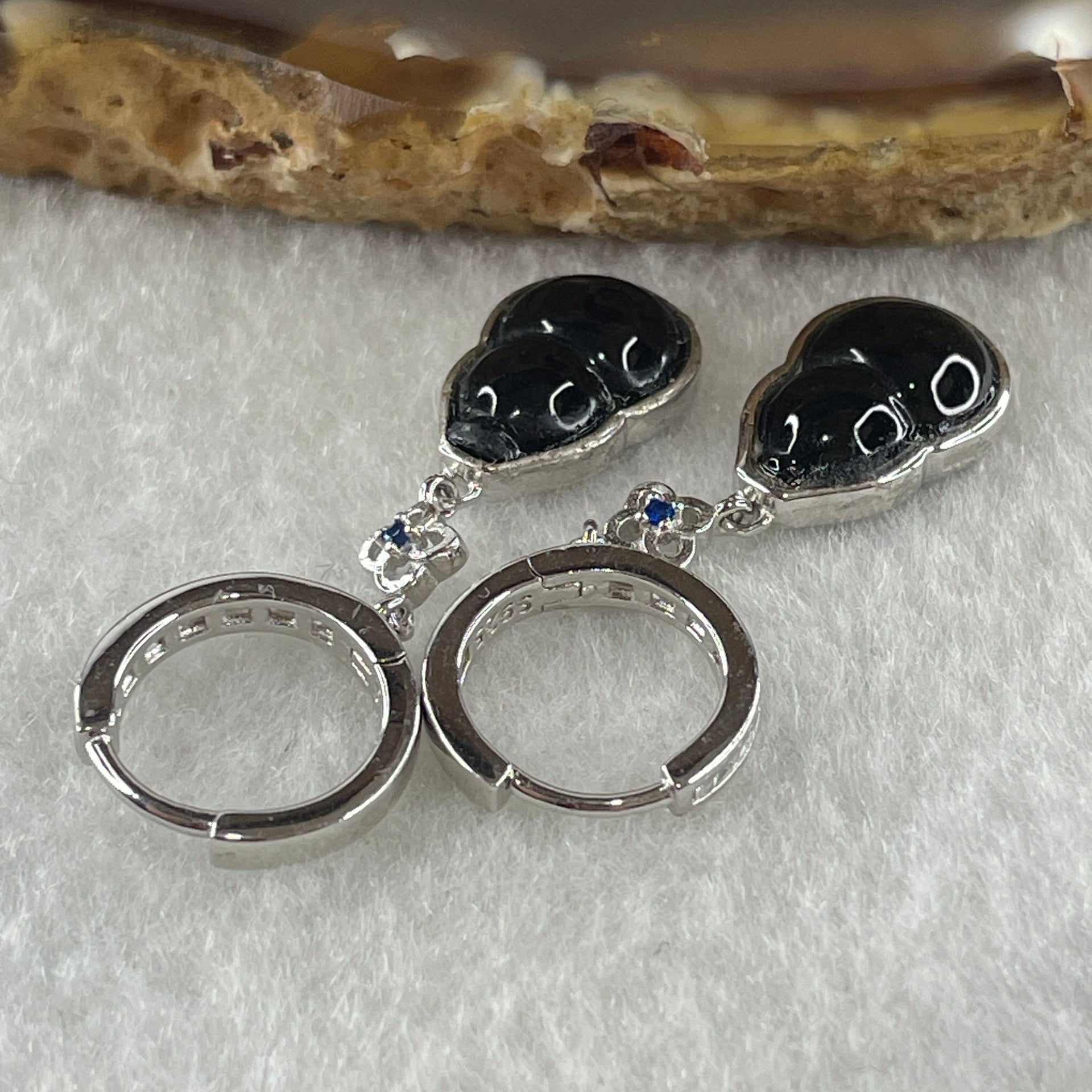 Type A FullyTranslucent Black Omphacite Jadeite Hulu 12.0 by 7.4 by 2.5mm with Cubic Zirconia in S925 Silver Earrings 4.30g - Huangs Jadeite and Jewelry Pte Ltd