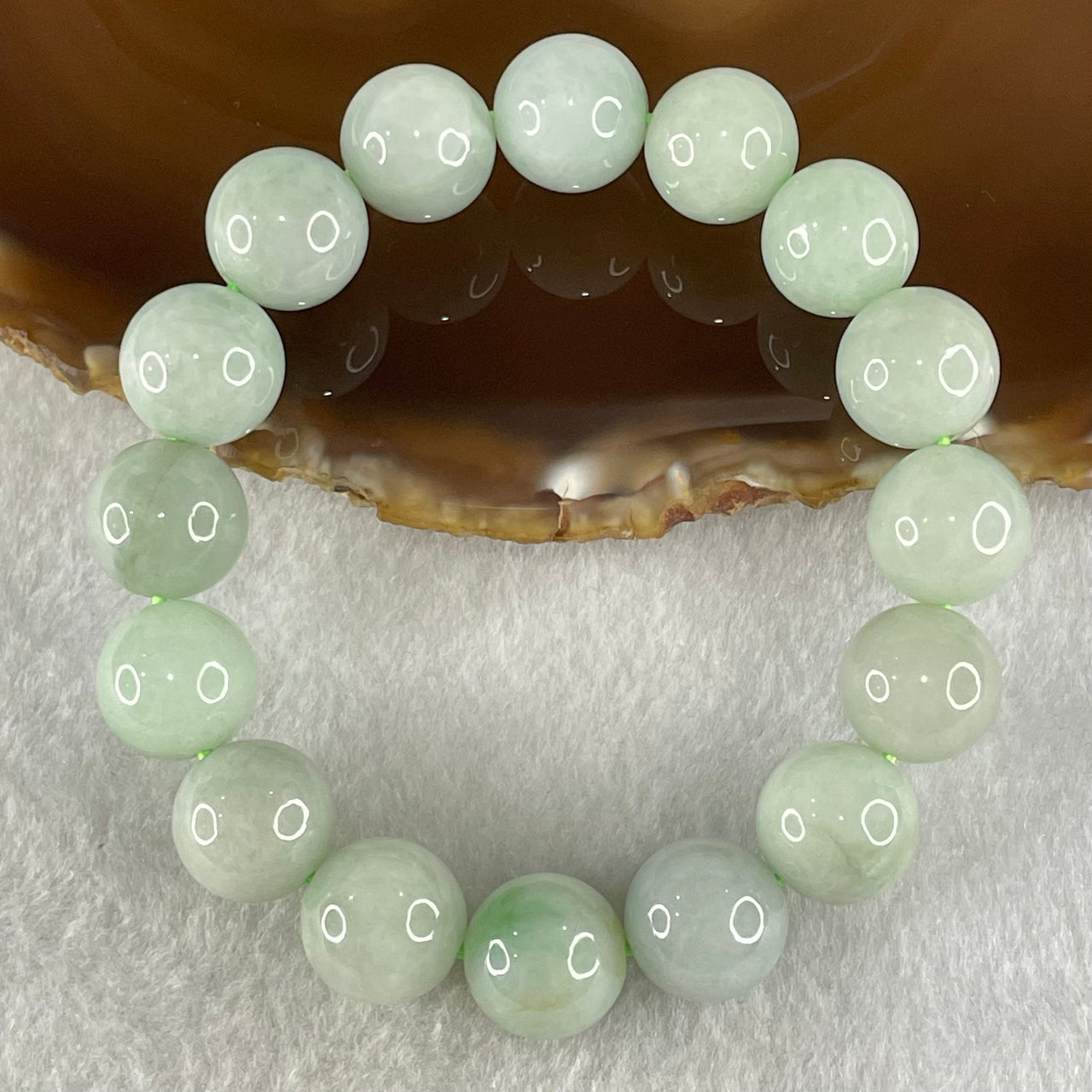 Type A Light Green Jadeite Beads Bracelet 60.74g 17.5cm 13.3mm 16 Beads - Huangs Jadeite and Jewelry Pte Ltd