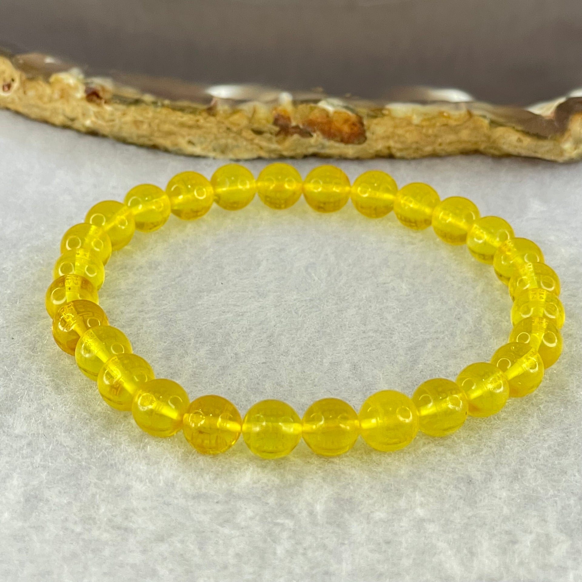 Natural Yellow Amber Beads with Inscription Bracelet 4.38g 15.5cm 6.7mm 28 Beads - Huangs Jadeite and Jewelry Pte Ltd