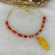 Natural Red Coral with Natural Butterscotch Amber Leaf Charm in Gold Color Bracelet 3.64g 6.5 by 2.7mm 11pcs - Huangs Jadeite and Jewelry Pte Ltd