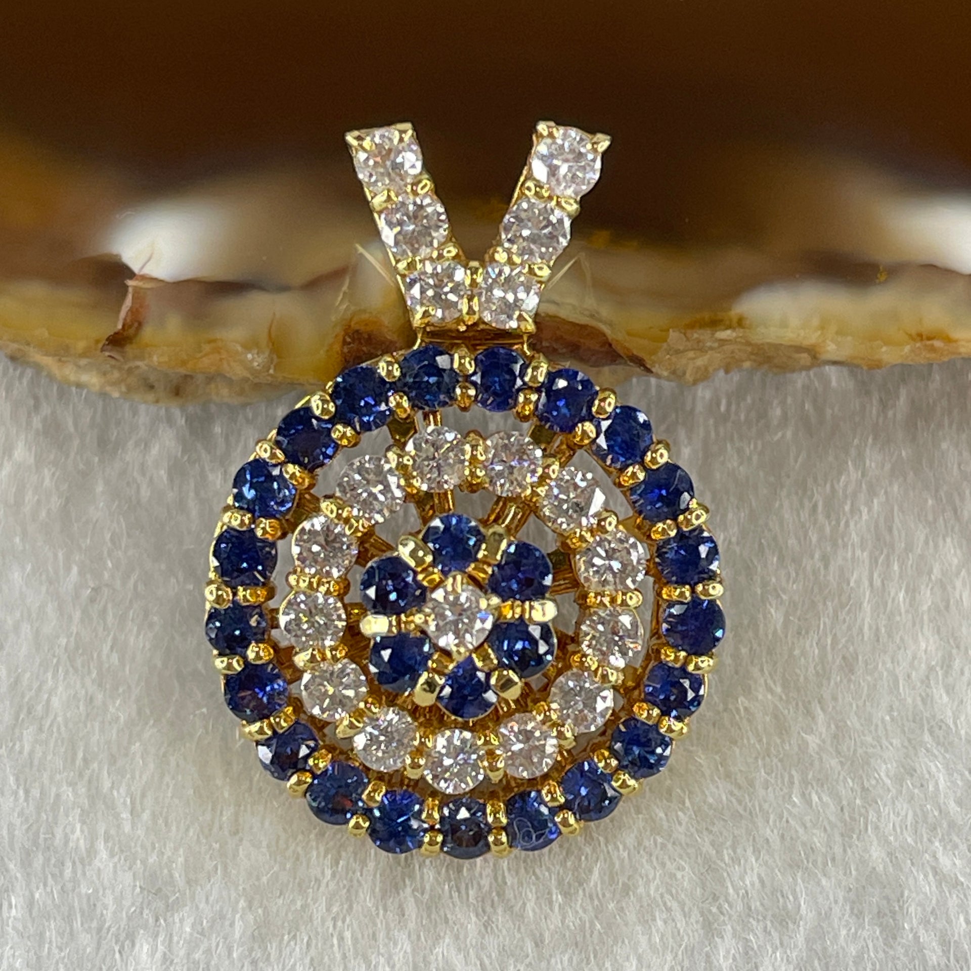 Natural Round Brilliant Blue Sapphire with Round Brilliant Cut Shape Diamonds in 18K Yellow Gold Tripple Rotating Pendant S1.5 with Melees D1.2 ct Total 11.7g 29.1 by 20.4 by 10.7mm - Huangs Jadeite and Jewelry Pte Ltd